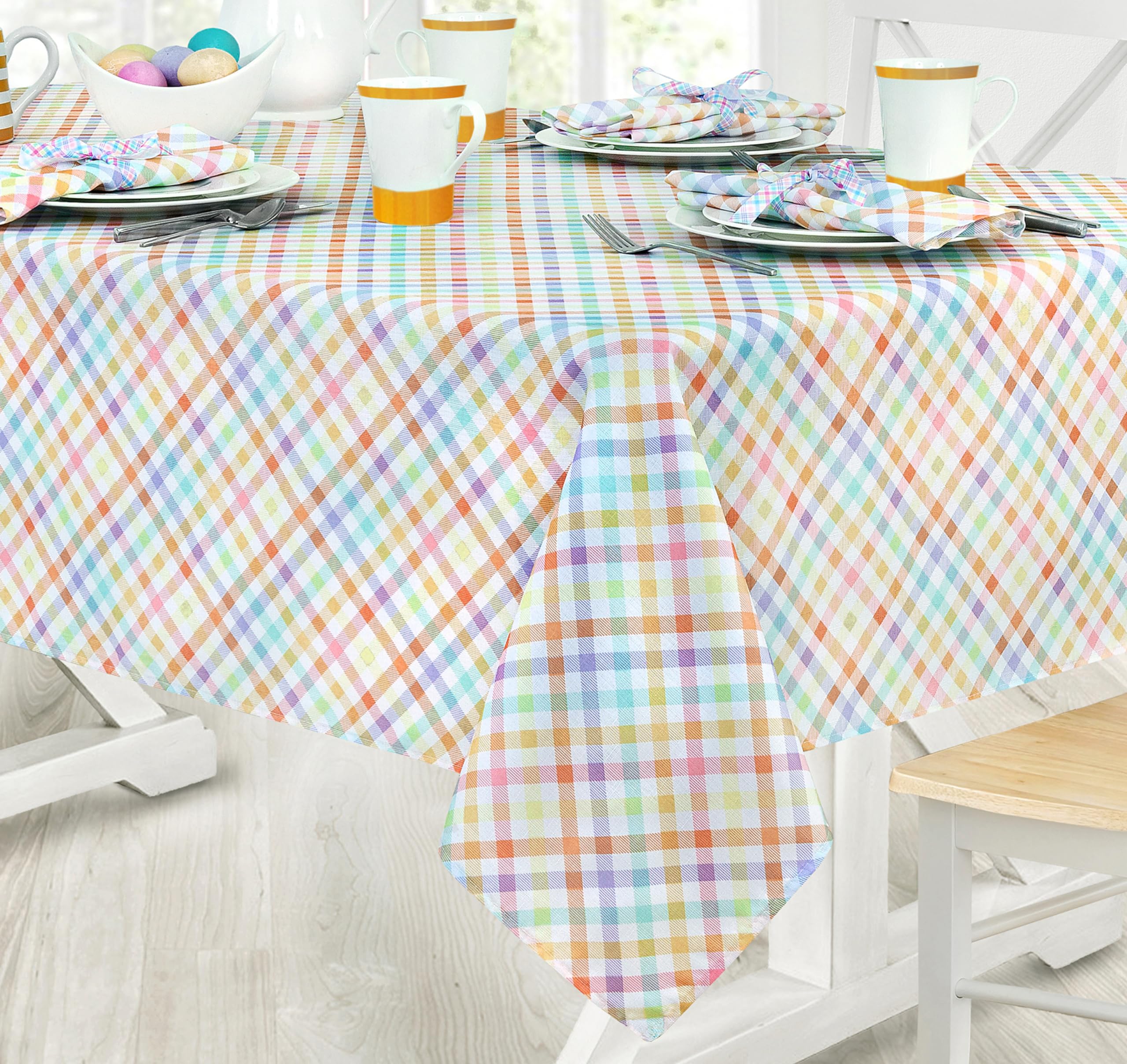 Newbridge Easter Sunshine Gingham 70 Inch Round Fabric Tablecloth, Indoor Outdoor Stain Resistant Fabric Party Table Cover for Dining, Yellow Orange and Purple Check - Image 6