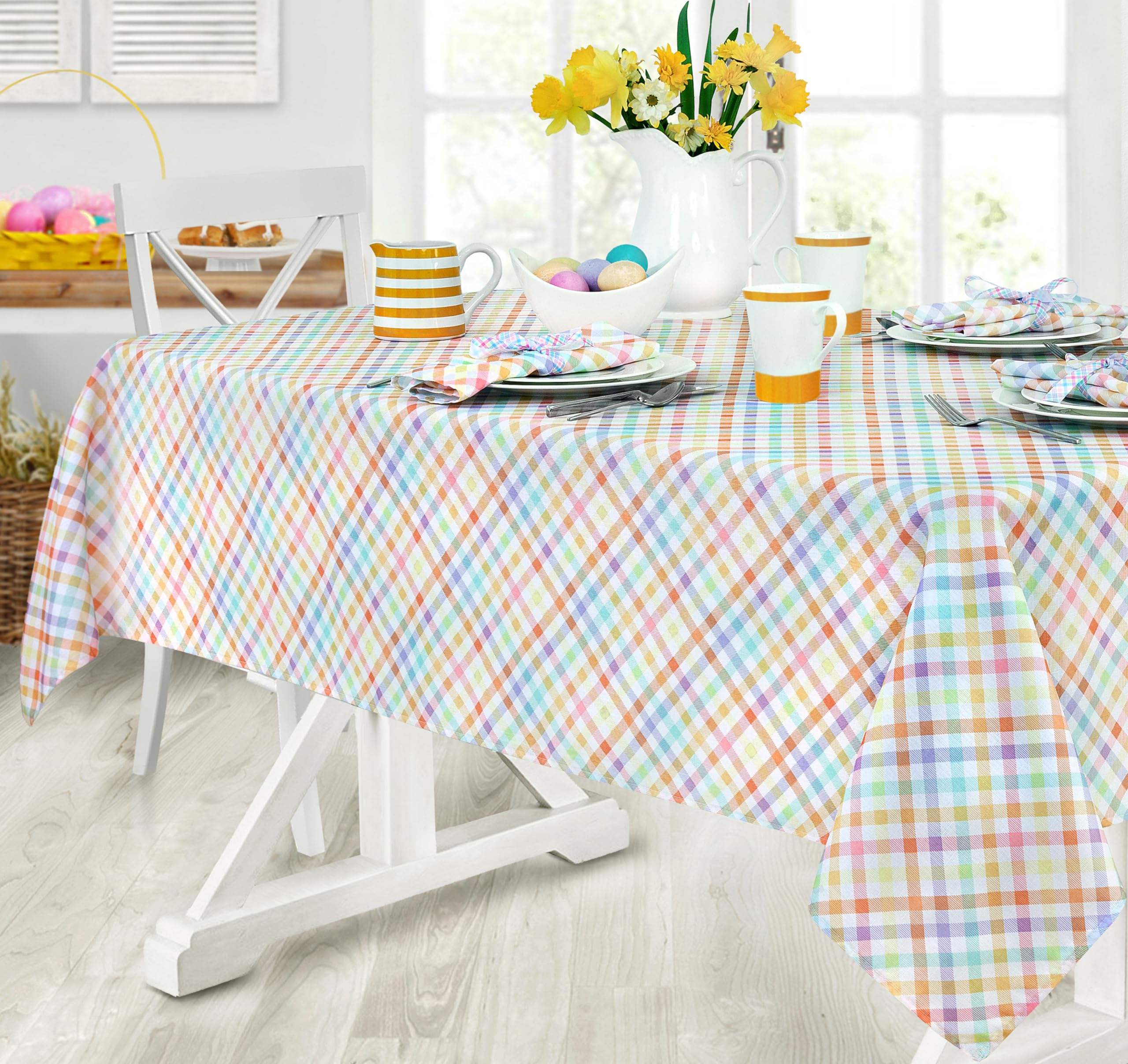 Newbridge Easter Sunshine Gingham 70 Inch Round Fabric Tablecloth, Indoor Outdoor Stain Resistant Fabric Party Table Cover for Dining, Yellow Orange and Purple Check - Image 7