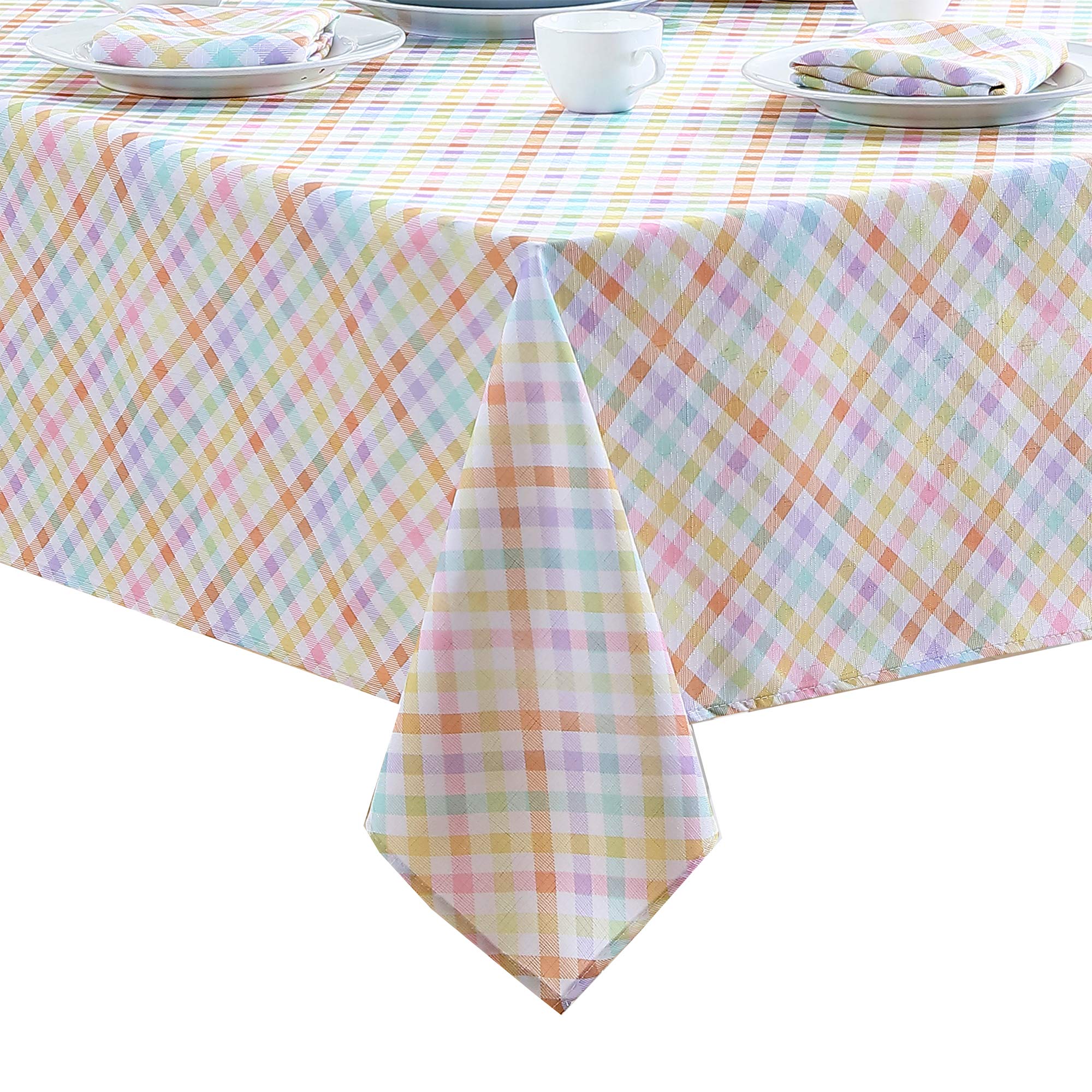 Newbridge Easter Sunshine Gingham 70 Inch Round Fabric Tablecloth, Indoor Outdoor Stain Resistant Fabric Party Table Cover for Dining, Yellow Orange and Purple Check - Image 8