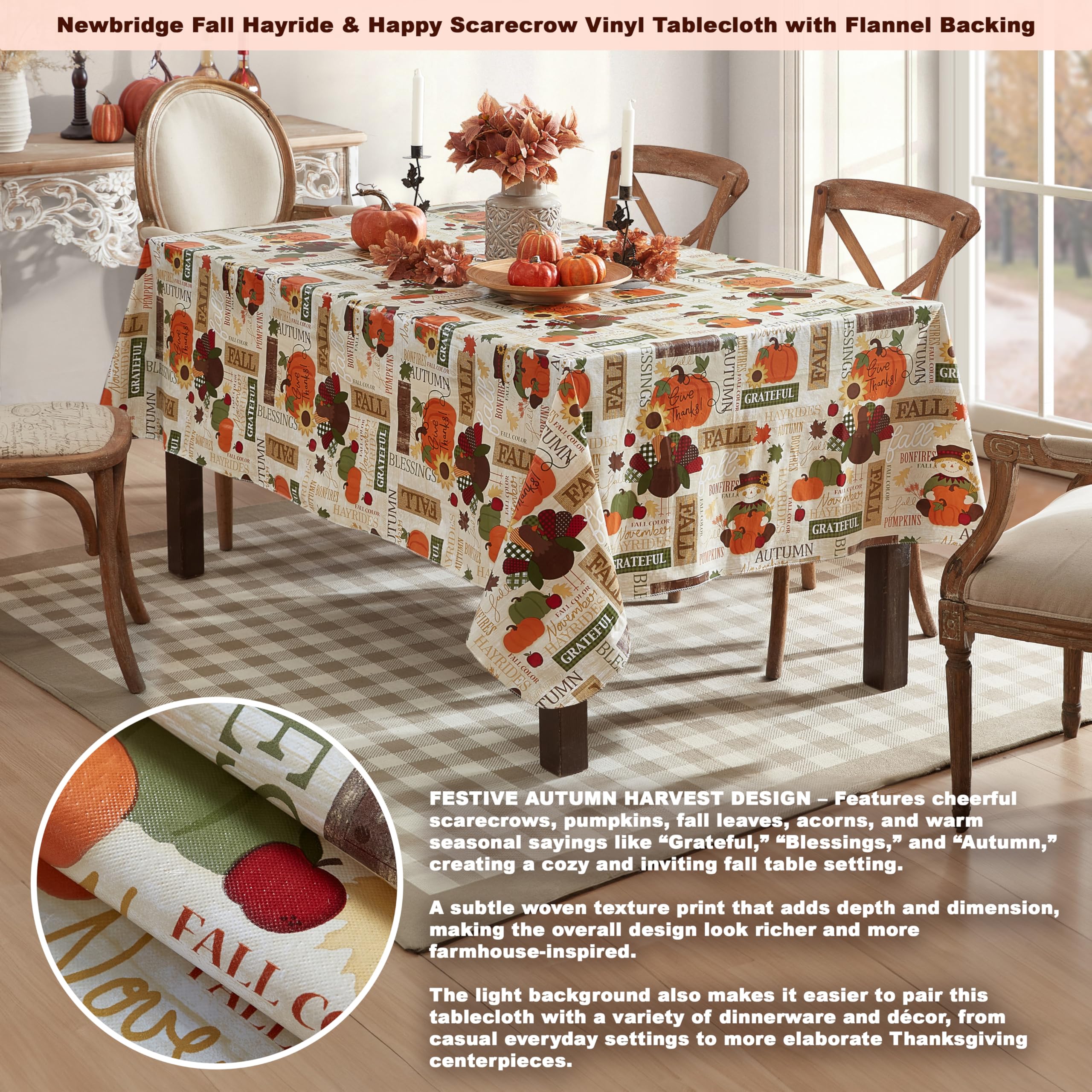 Newbridge Fall Hayride & Happy Scarecrow Vinyl Tablecloth with Flannel Backing, 52 x 52 Inch Square – Gingham Turkeys & Pumpkins Rustic Thanksgiving Table Cover - Image 3
