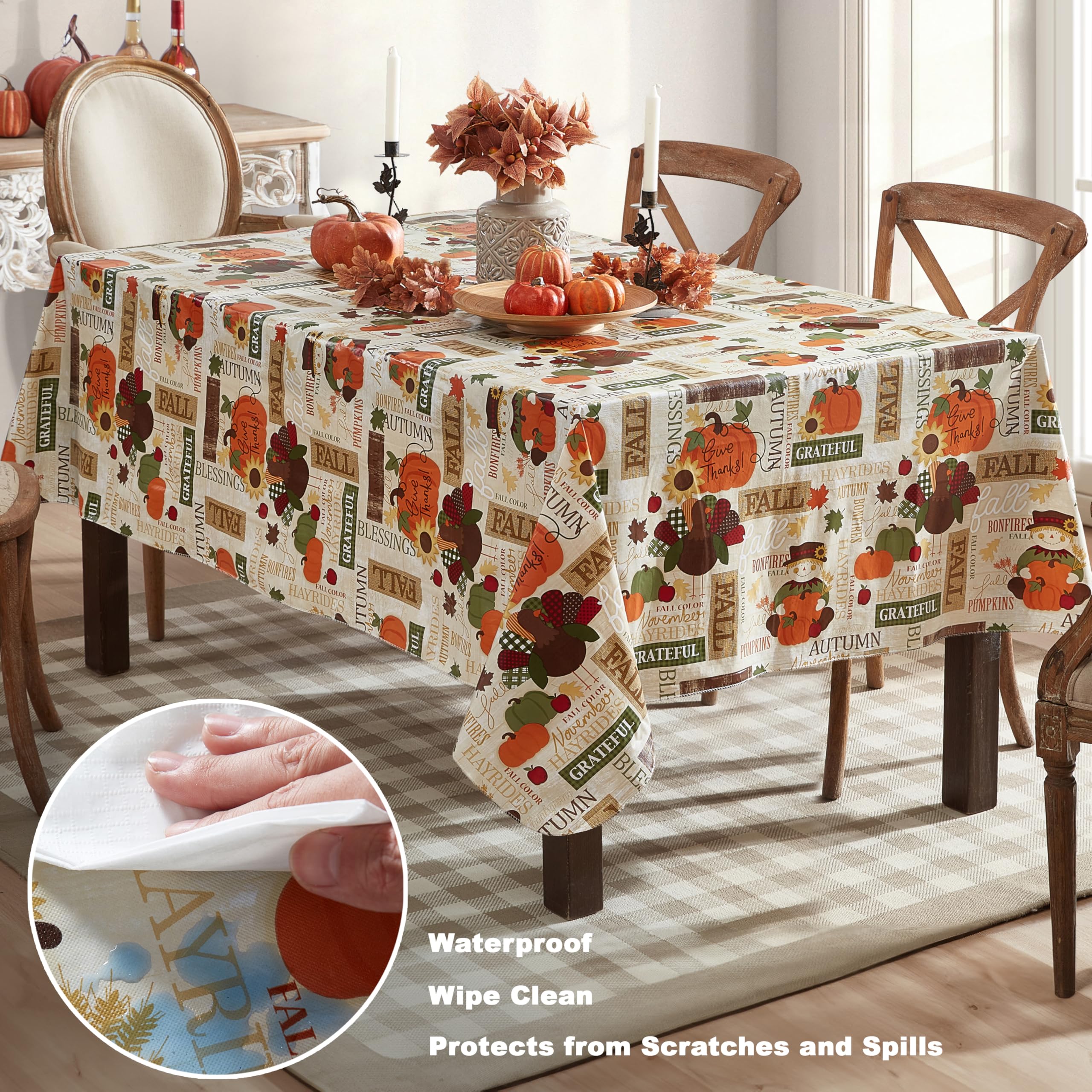 Newbridge Fall Hayride & Happy Scarecrow Vinyl Tablecloth with Flannel Backing, 52 x 52 Inch Square – Gingham Turkeys & Pumpkins Rustic Thanksgiving Table Cover - Image 4