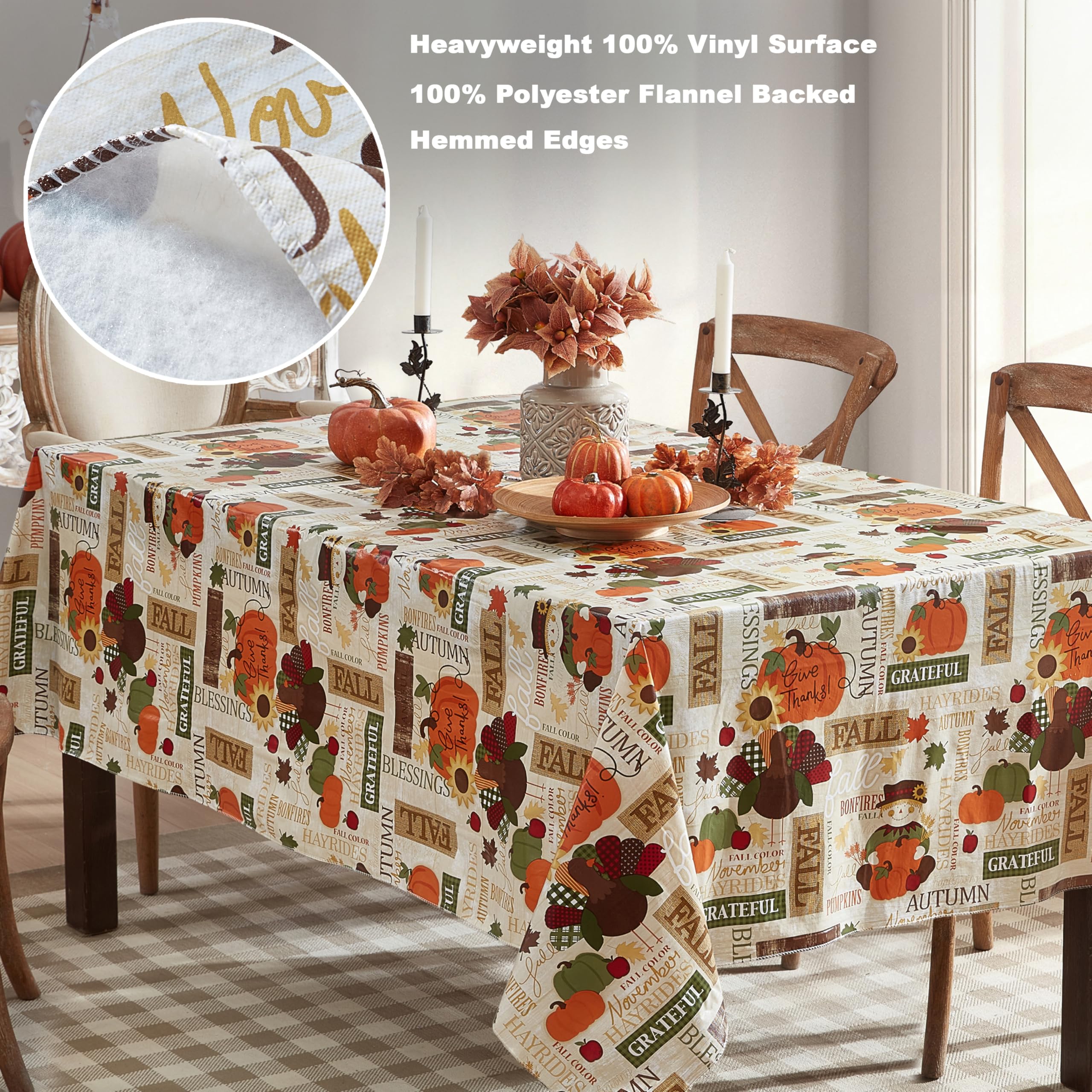 Newbridge Fall Hayride & Happy Scarecrow Vinyl Tablecloth with Flannel Backing, 52 x 52 Inch Square – Gingham Turkeys & Pumpkins Rustic Thanksgiving Table Cover - Image 5