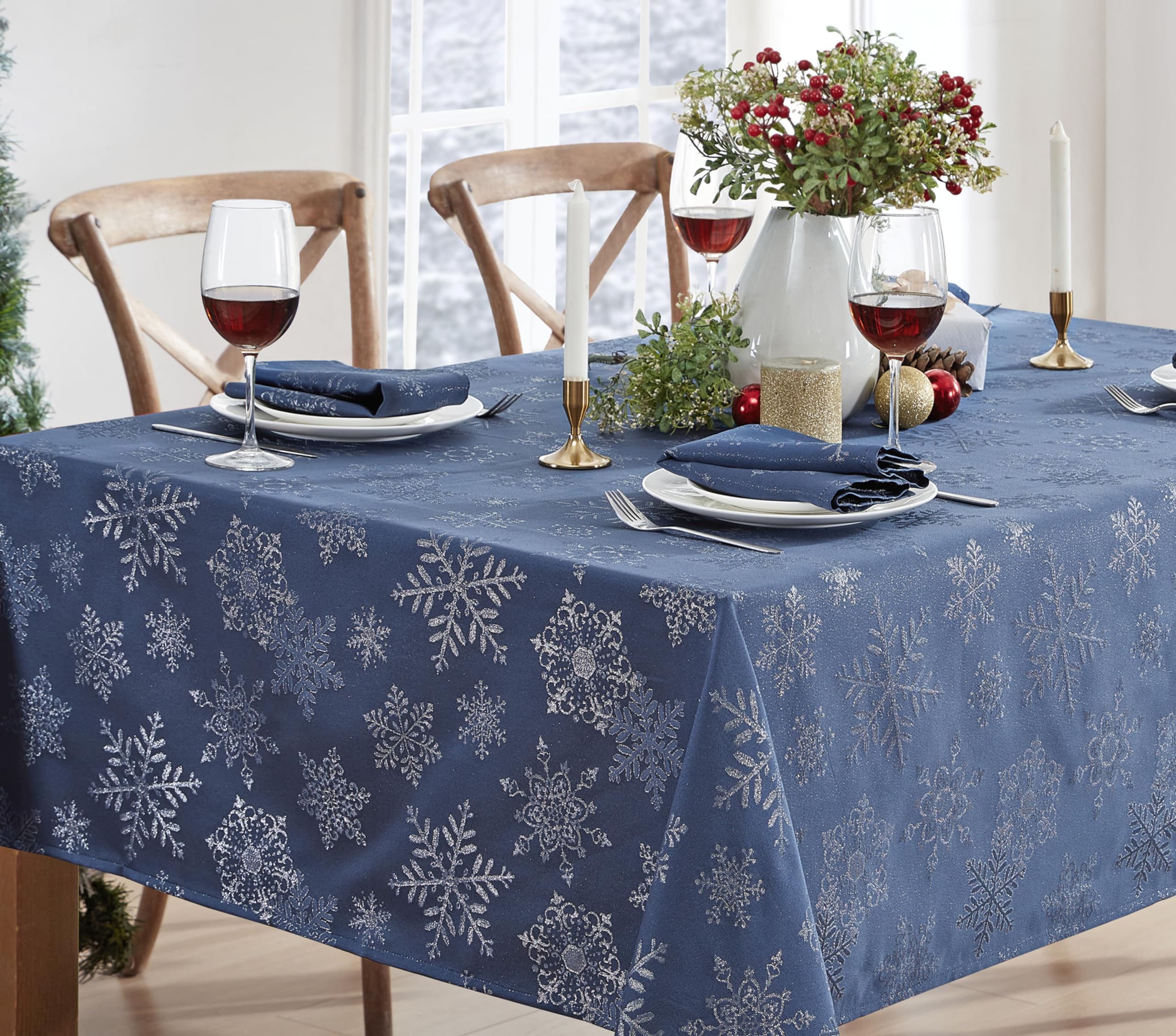 Newbridge Fancy Metallic Snowflake Christmas Fabric Tablecloth, 52 x 52 Inch Square, Navy Silver, No-Iron Soil Resistant Sparkling Snowflakes Woven Holiday Table Cover - Image 3
