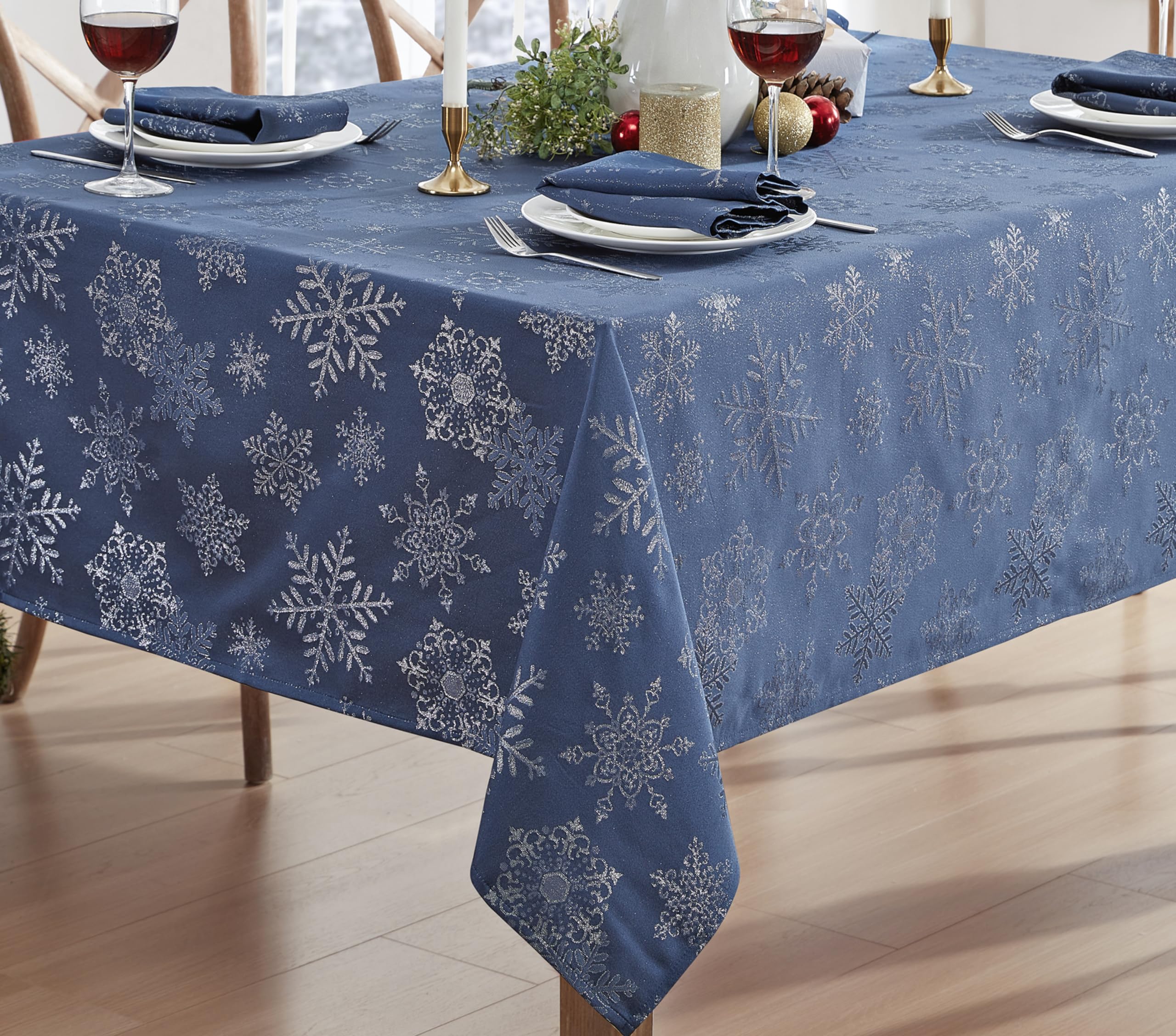 Newbridge Fancy Metallic Snowflake Christmas Fabric Tablecloth, 52 x 52 Inch Square, Navy Silver, No-Iron Soil Resistant Sparkling Snowflakes Woven Holiday Table Cover - Image 5