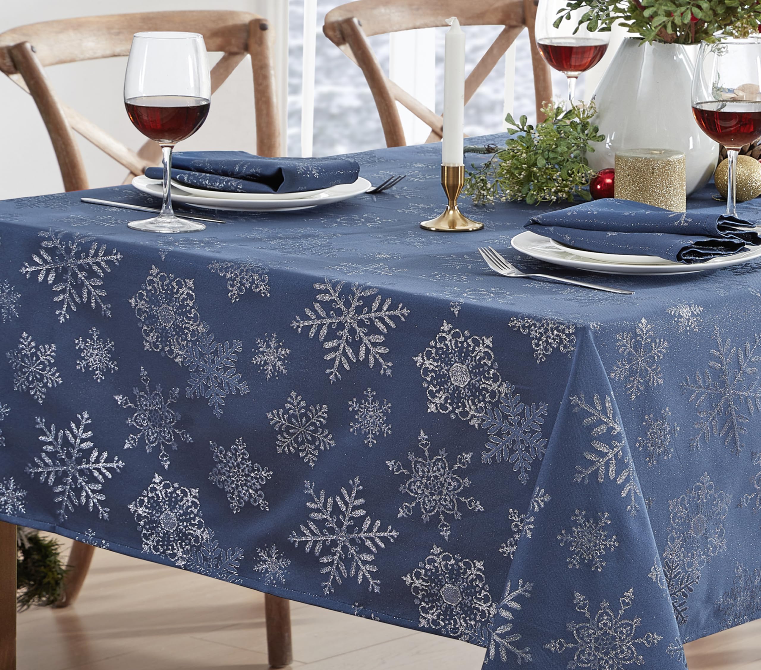 Newbridge Fancy Metallic Snowflake Christmas Fabric Tablecloth, 52 x 52 Inch Square, Navy Silver, No-Iron Soil Resistant Sparkling Snowflakes Woven Holiday Table Cover - Image 6