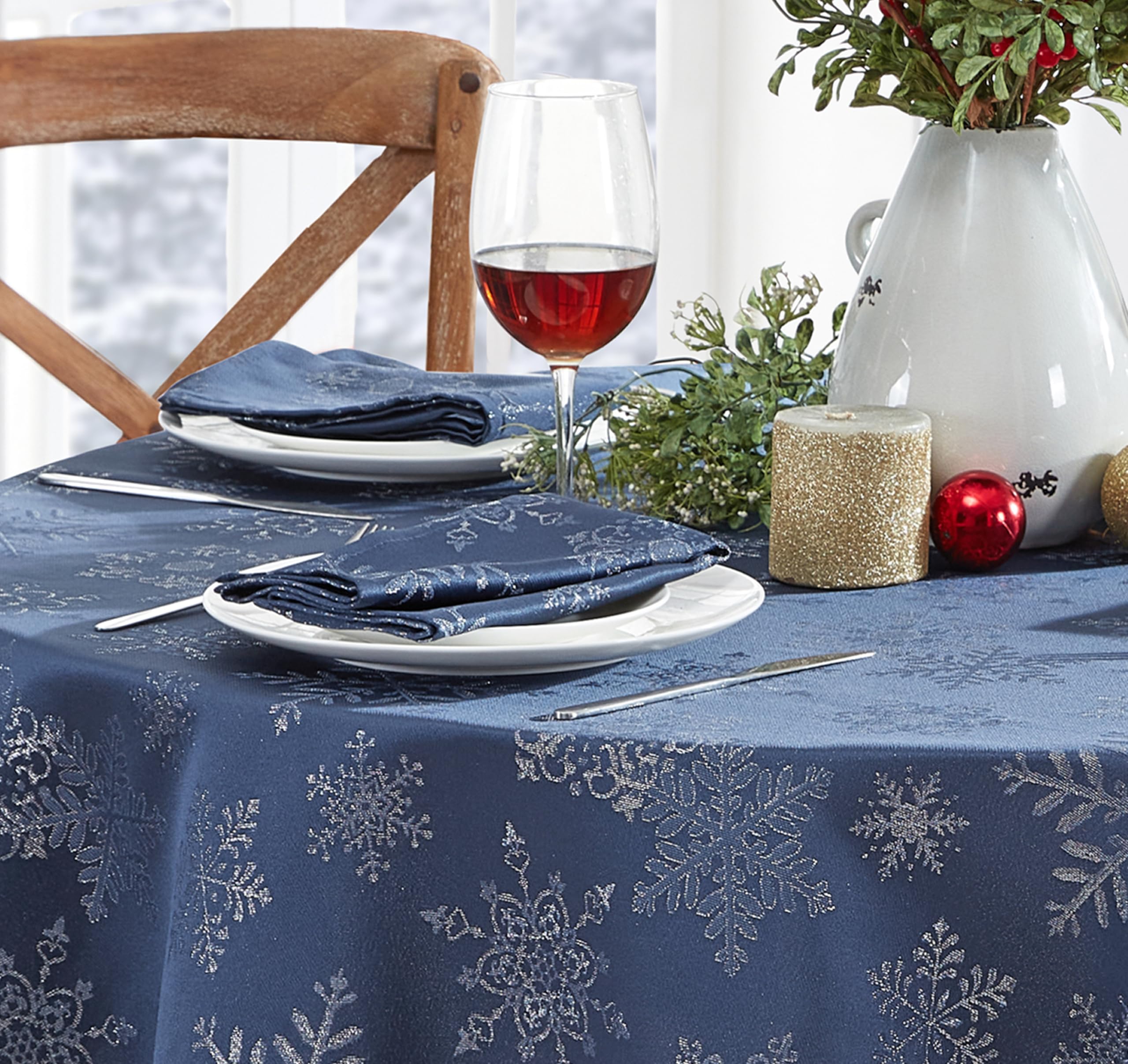 Newbridge Fancy Metallic Snowflake Christmas Fabric Tablecloth, 52 x 52 Inch Square, Navy Silver, No-Iron Soil Resistant Sparkling Snowflakes Woven Holiday Table Cover - Image 7