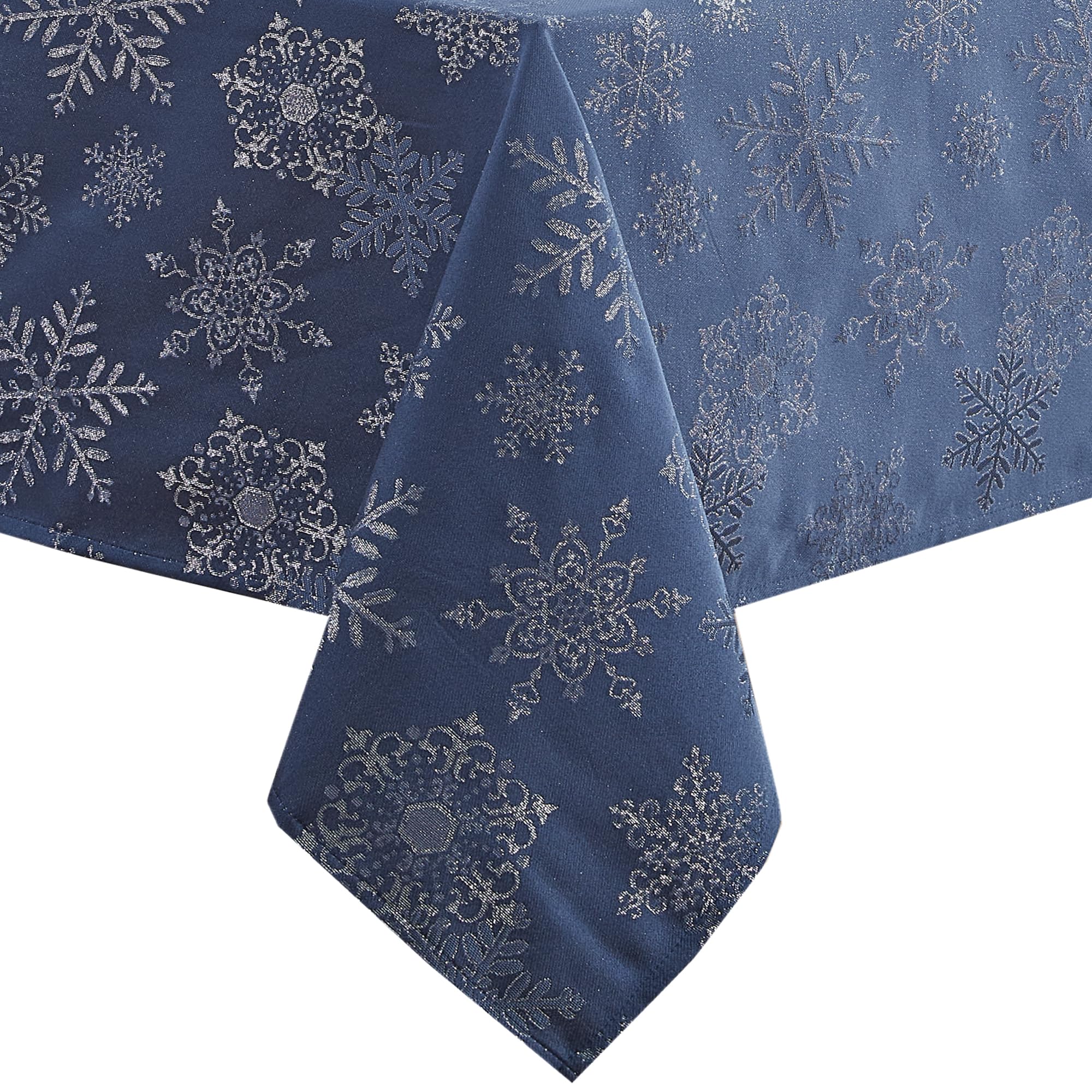 Newbridge Fancy Metallic Snowflake Christmas Fabric Tablecloth, 52 x 52 Inch Square, Navy Silver, No-Iron Soil Resistant Sparkling Snowflakes Woven Holiday Table Cover - Image 8