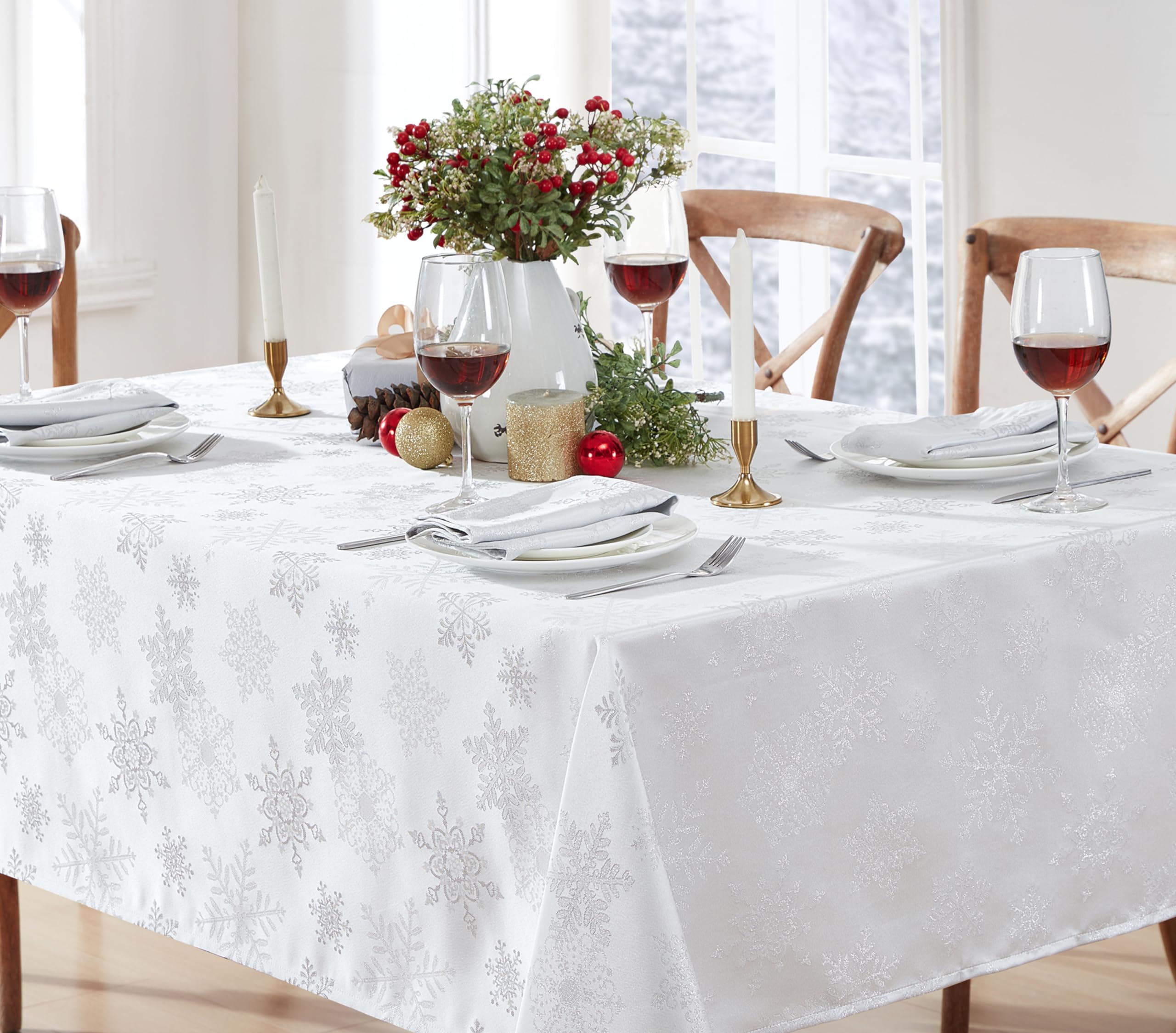 Newbridge Fancy Metallic Snowflake Christmas Fabric Tablecloth, 52 x 52 Inch Square, White Silver, No-Iron Soil Resistant Sparkling Snowflakes Woven Holiday Table Cover - Image 3