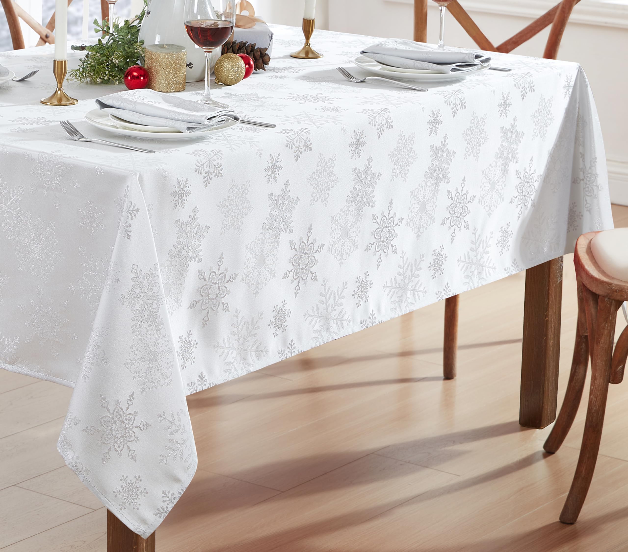 Newbridge Fancy Metallic Snowflake Christmas Fabric Tablecloth, 52 x 52 Inch Square, White Silver, No-Iron Soil Resistant Sparkling Snowflakes Woven Holiday Table Cover - Image 5