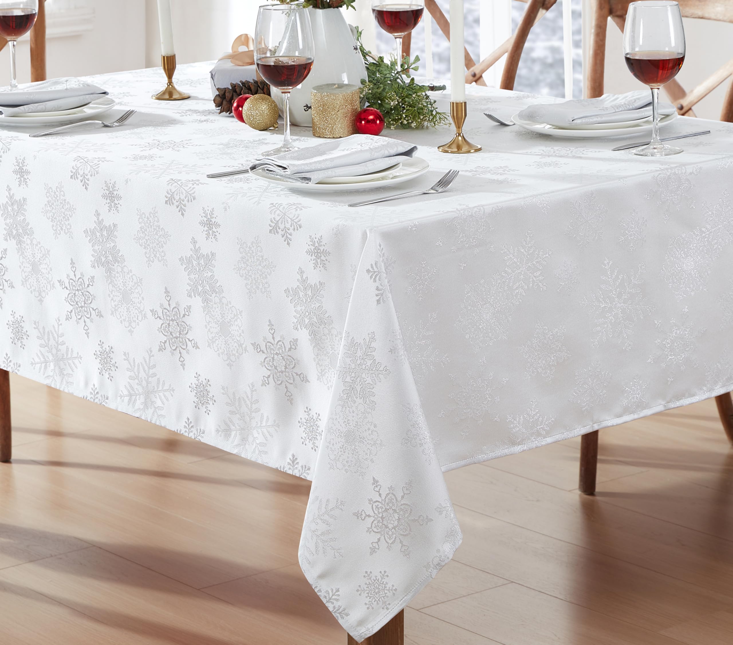Newbridge Fancy Metallic Snowflake Christmas Fabric Tablecloth, 52 x 52 Inch Square, White Silver, No-Iron Soil Resistant Sparkling Snowflakes Woven Holiday Table Cover - Image 6