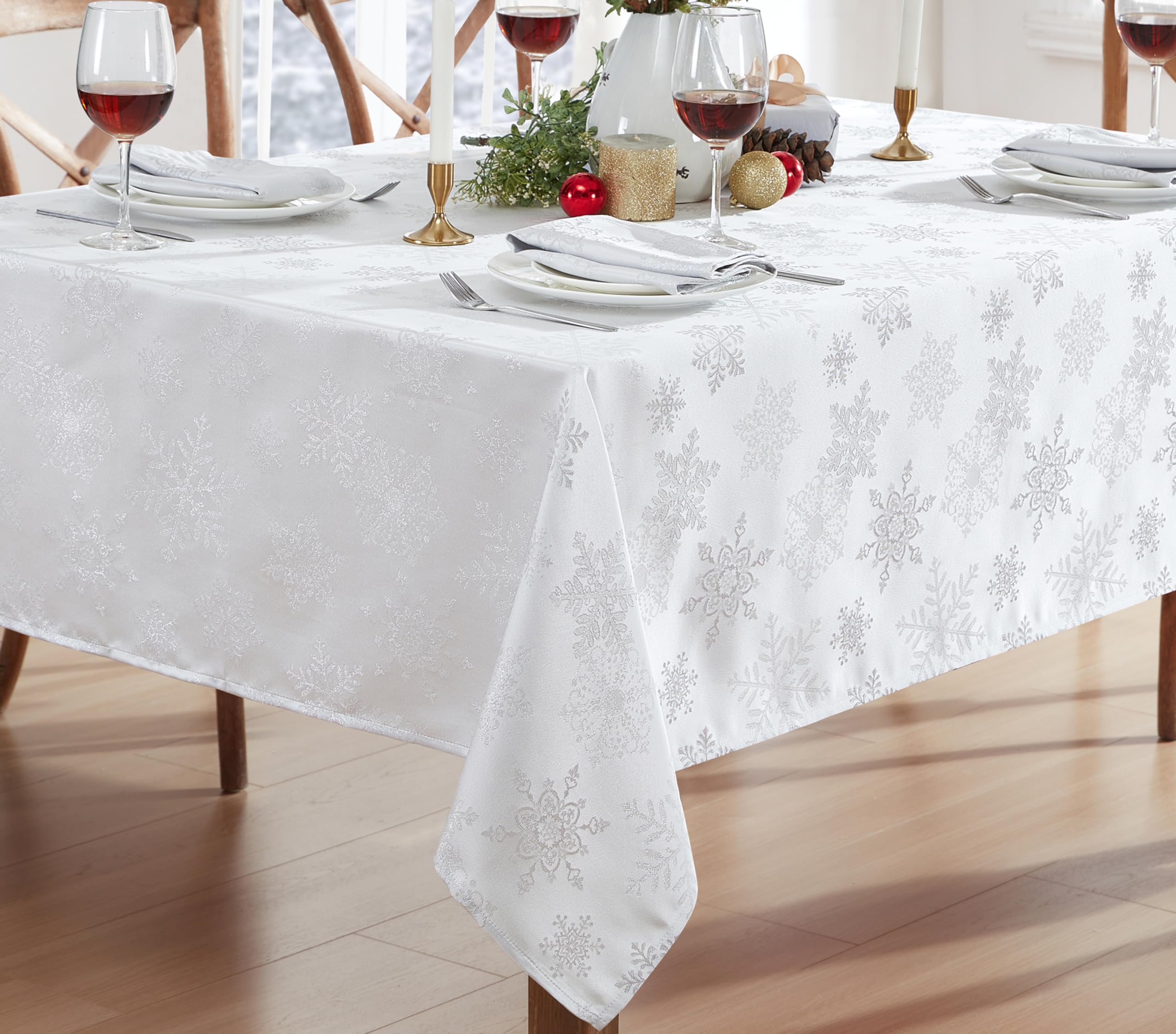 Newbridge Fancy Metallic Snowflake Christmas Fabric Tablecloth, 52 x 52 Inch Square, White Silver, No-Iron Soil Resistant Sparkling Snowflakes Woven Holiday Table Cover - Image 7
