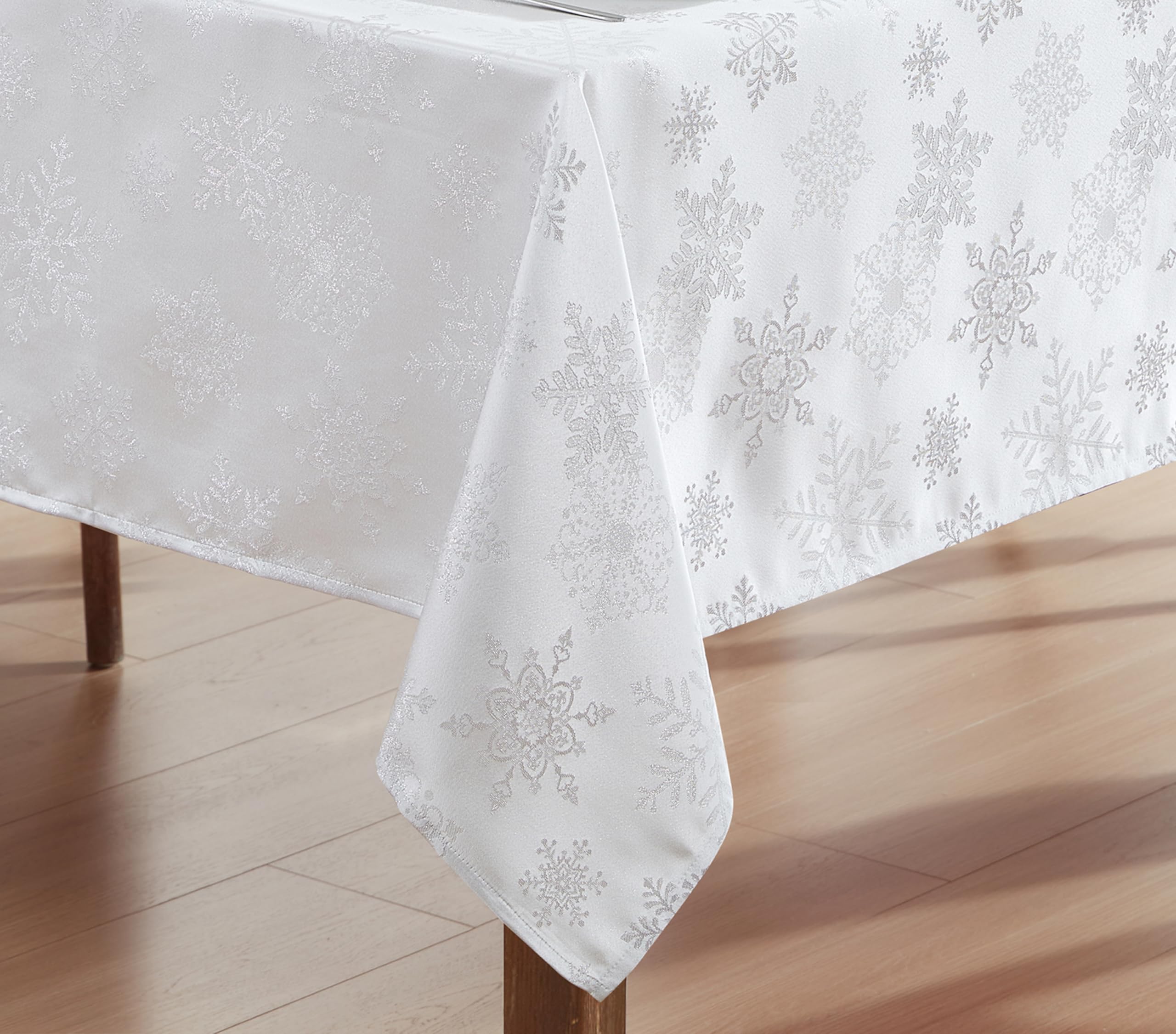 Newbridge Fancy Metallic Snowflake Christmas Fabric Tablecloth, 52 x 52 Inch Square, White Silver, No-Iron Soil Resistant Sparkling Snowflakes Woven Holiday Table Cover - Image 8