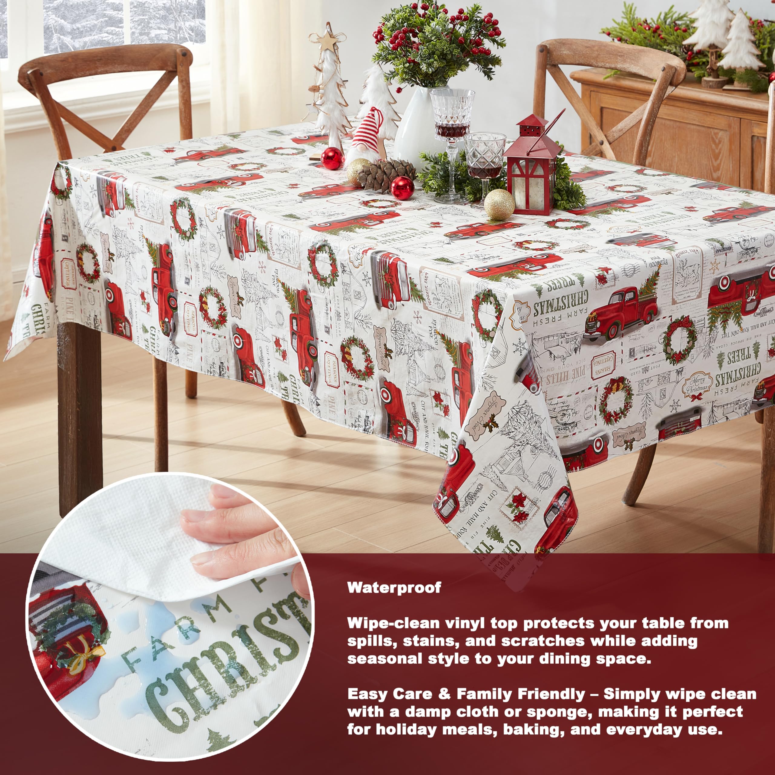 Newbridge Farm Fresh Christmas Tree Vinyl Tablecloth with Flannel Backing, Vintage Retro Holiday Print, Wipe Clean, 52 x 52 Inch Square - Image 3