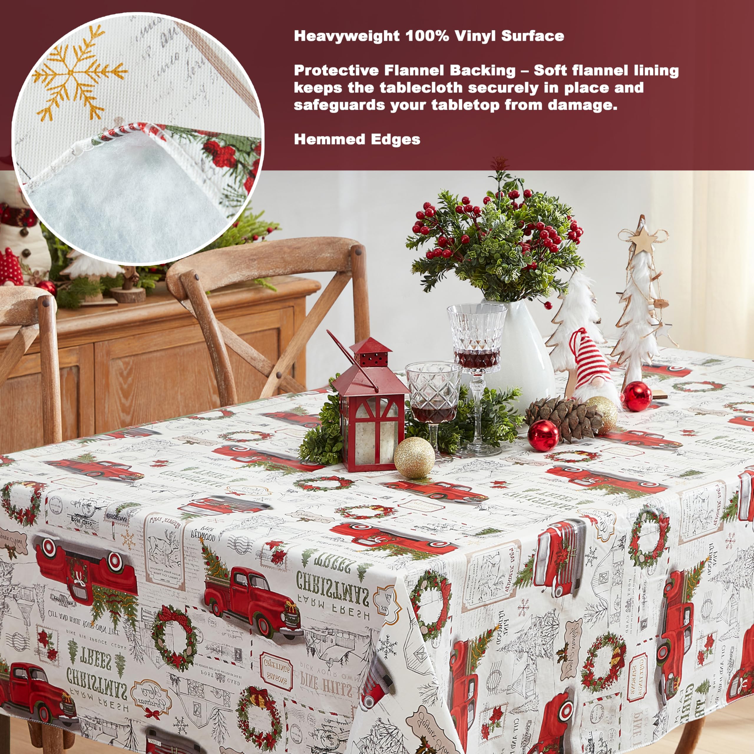 Newbridge Farm Fresh Christmas Tree Vinyl Tablecloth with Flannel Backing, Vintage Retro Holiday Print, Wipe Clean, 52 x 52 Inch Square - Image 4