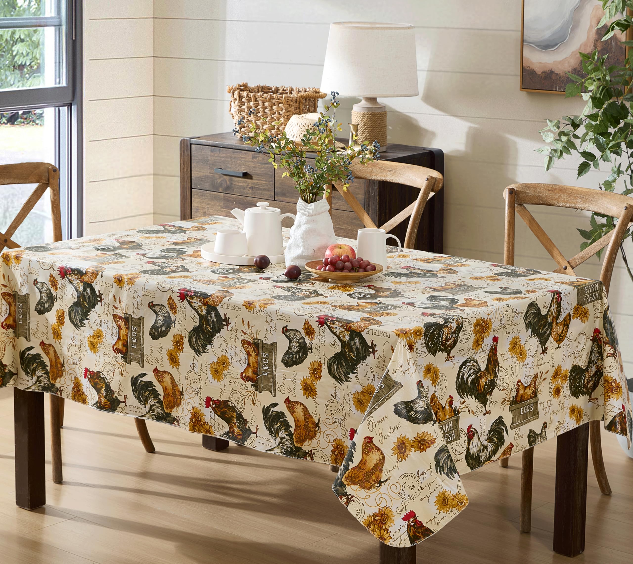 Newbridge Farm Fresh Rooster Rectangle Vinyl Flannel Backed Tablecloth, 52 x 70 Inch, Indoor Outdoor Vinyl Table Cloth, Roosters and Hens - Image 3