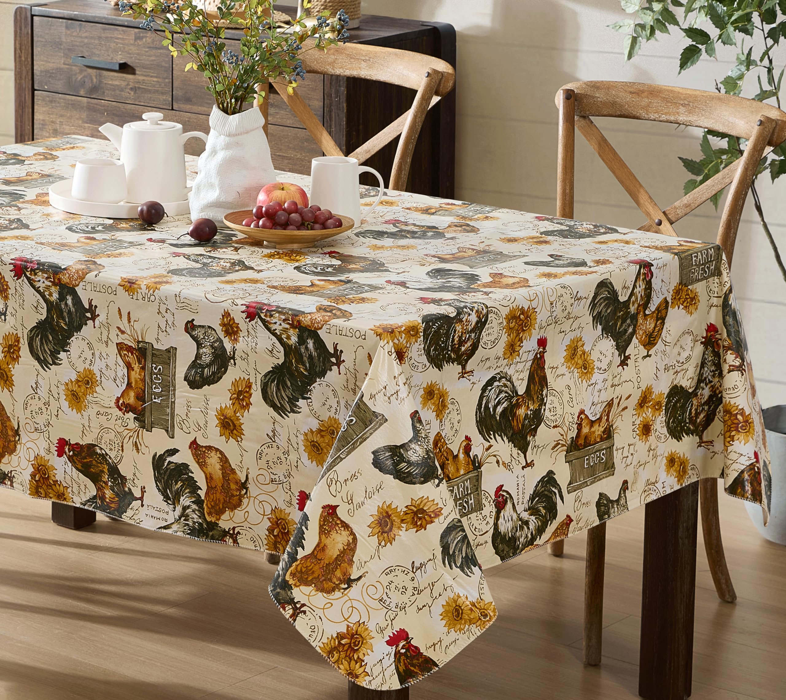 Newbridge Farm Fresh Rooster Rectangle Vinyl Flannel Backed Tablecloth, 52 x 70 Inch, Indoor Outdoor Vinyl Table Cloth, Roosters and Hens - Image 5