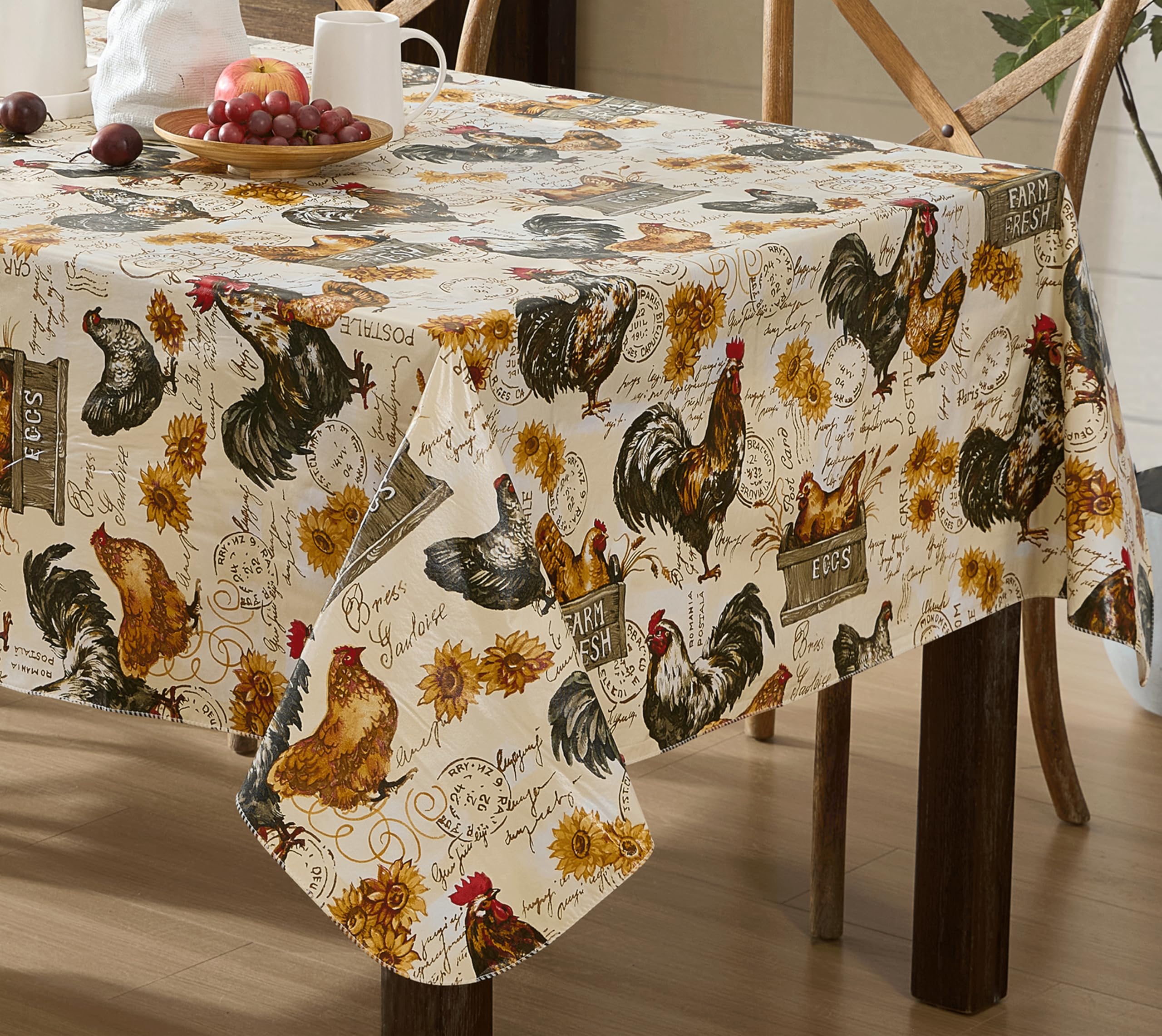 Newbridge Farm Fresh Rooster Rectangle Vinyl Flannel Backed Tablecloth, 52 x 70 Inch, Indoor Outdoor Vinyl Table Cloth, Roosters and Hens - Image 7
