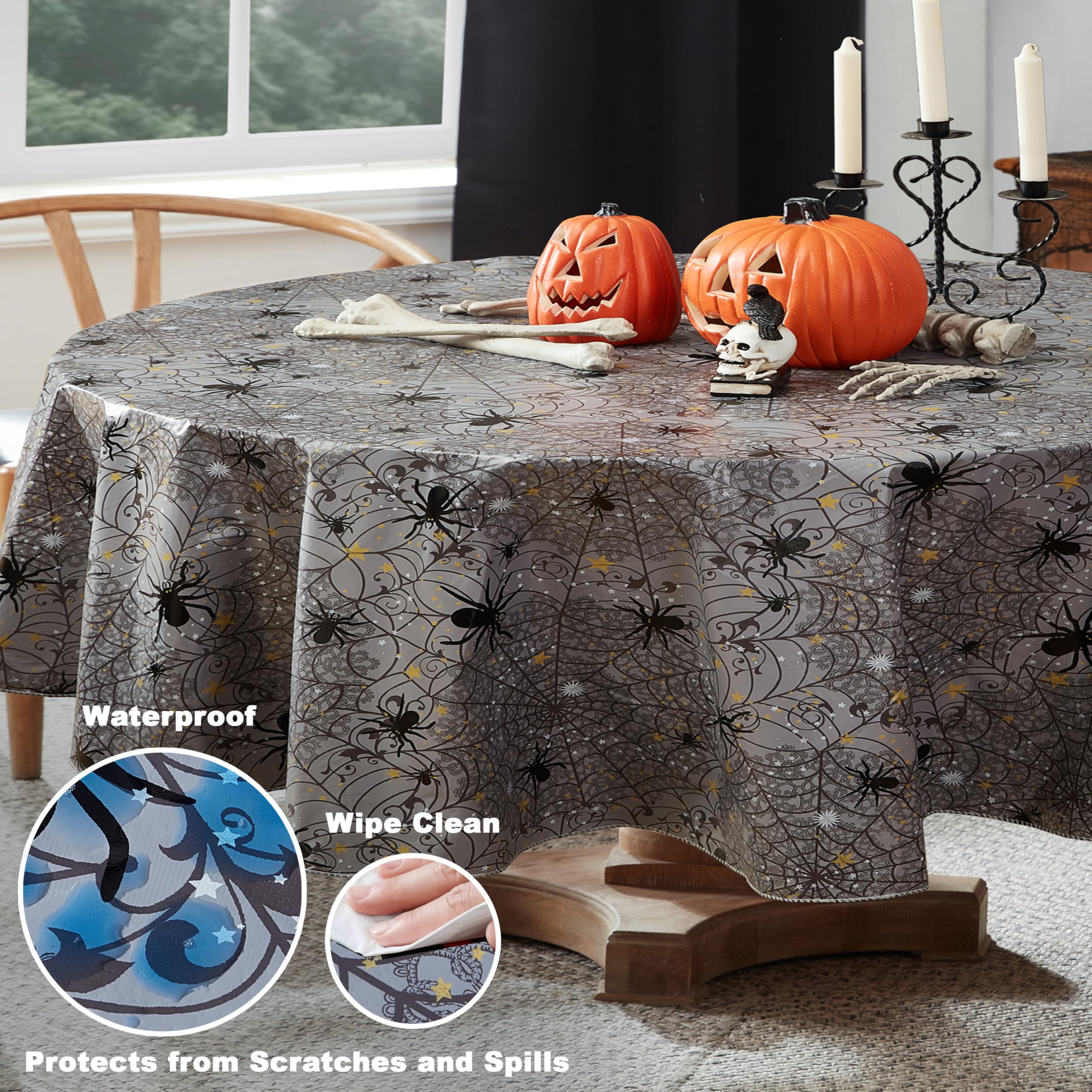 Newbridge Halloween Creepy Black Spider 60 x 84 Inch Oval Vinyl Dining Tablecloth with Flannel Backing - Image 3
