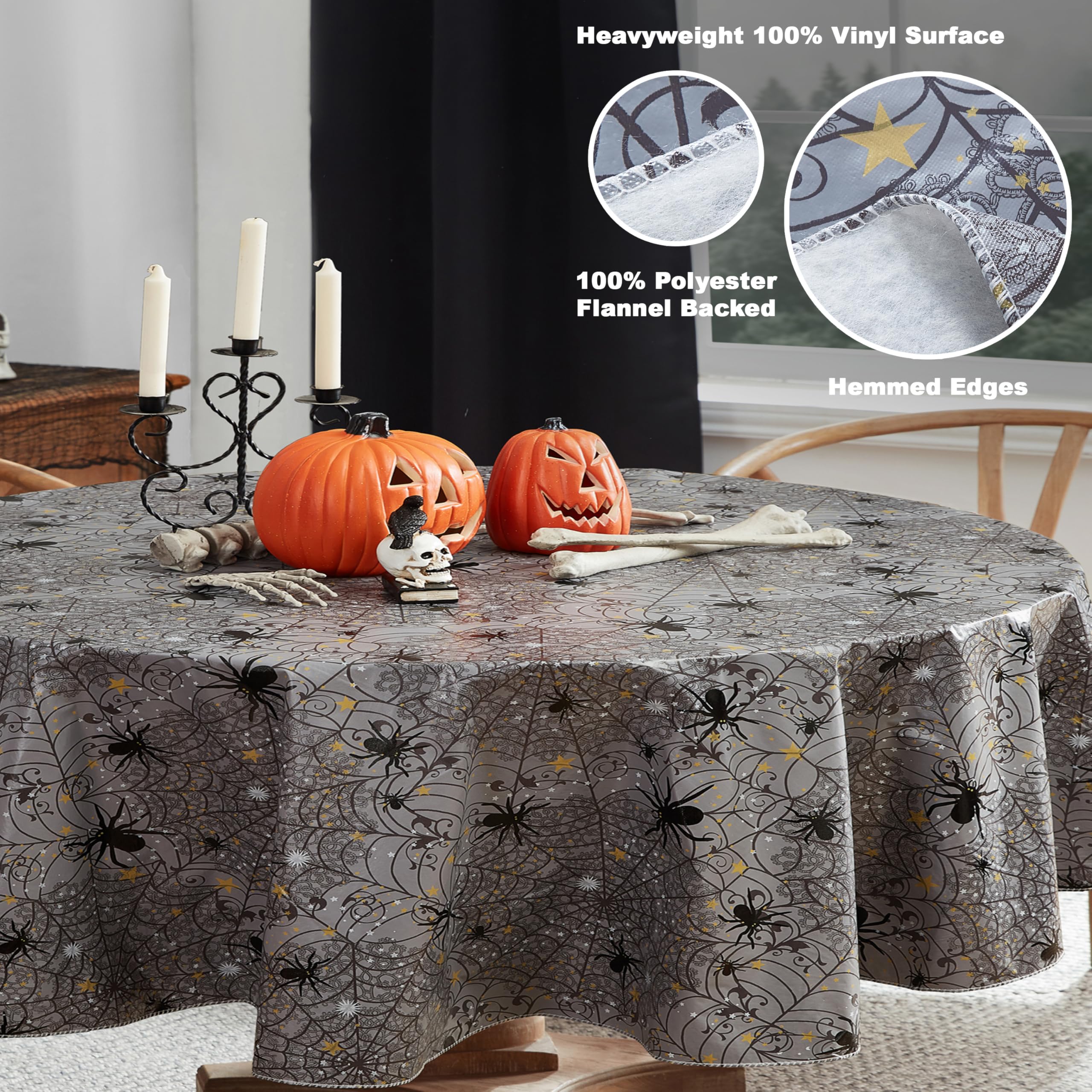 Newbridge Halloween Creepy Black Spider 60 x 84 Inch Oval Vinyl Dining Tablecloth with Flannel Backing - Image 4