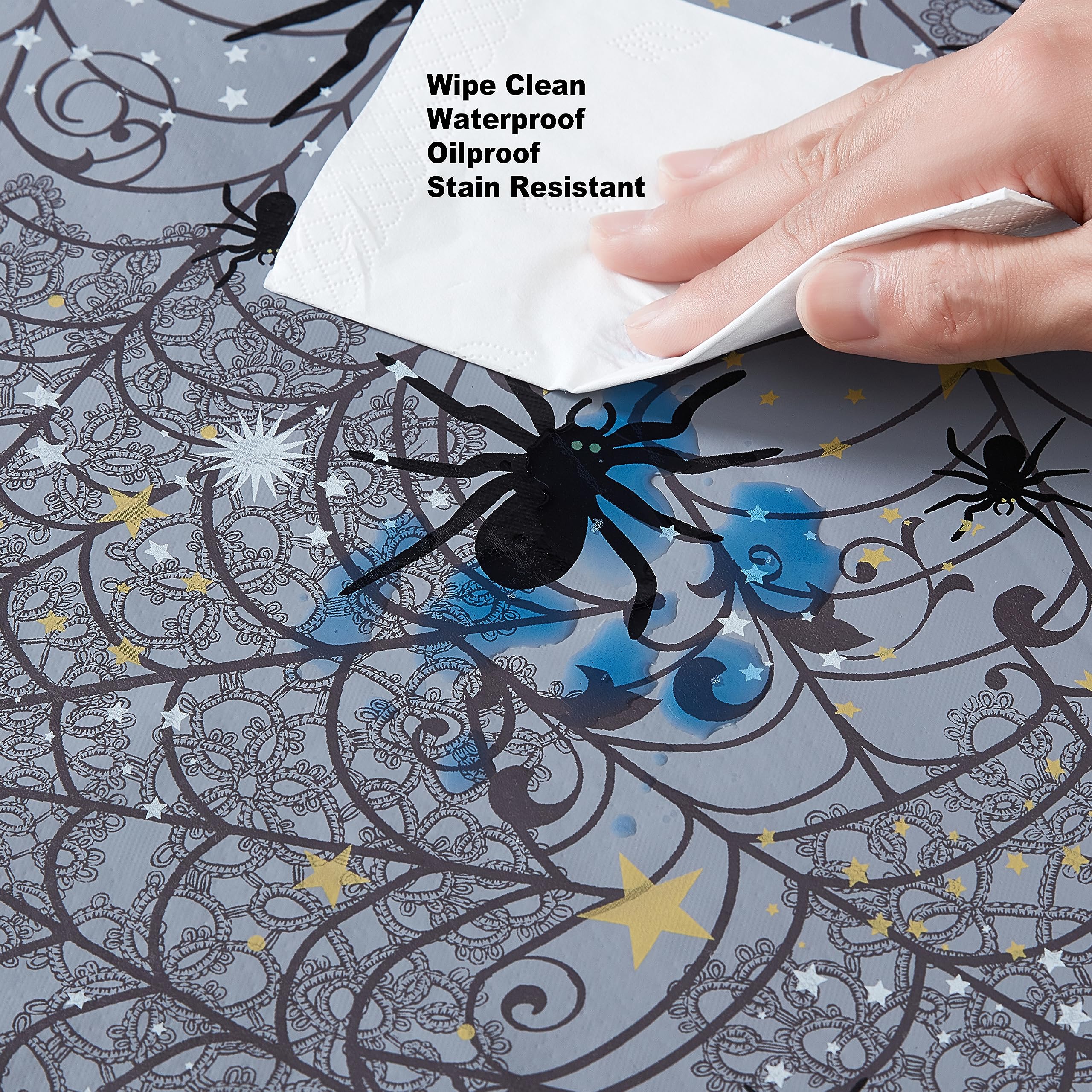 Newbridge Halloween Creepy Black Spider 60 x 84 Inch Oval Vinyl Dining Tablecloth with Flannel Backing - Image 5