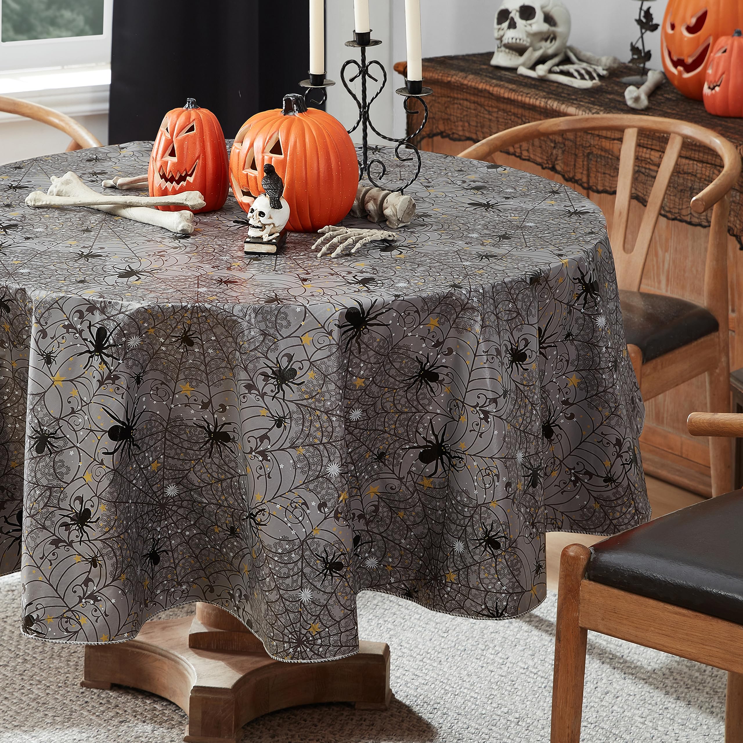 Newbridge Halloween Creepy Black Spider 60 x 84 Inch Oval Vinyl Dining Tablecloth with Flannel Backing - Image 8