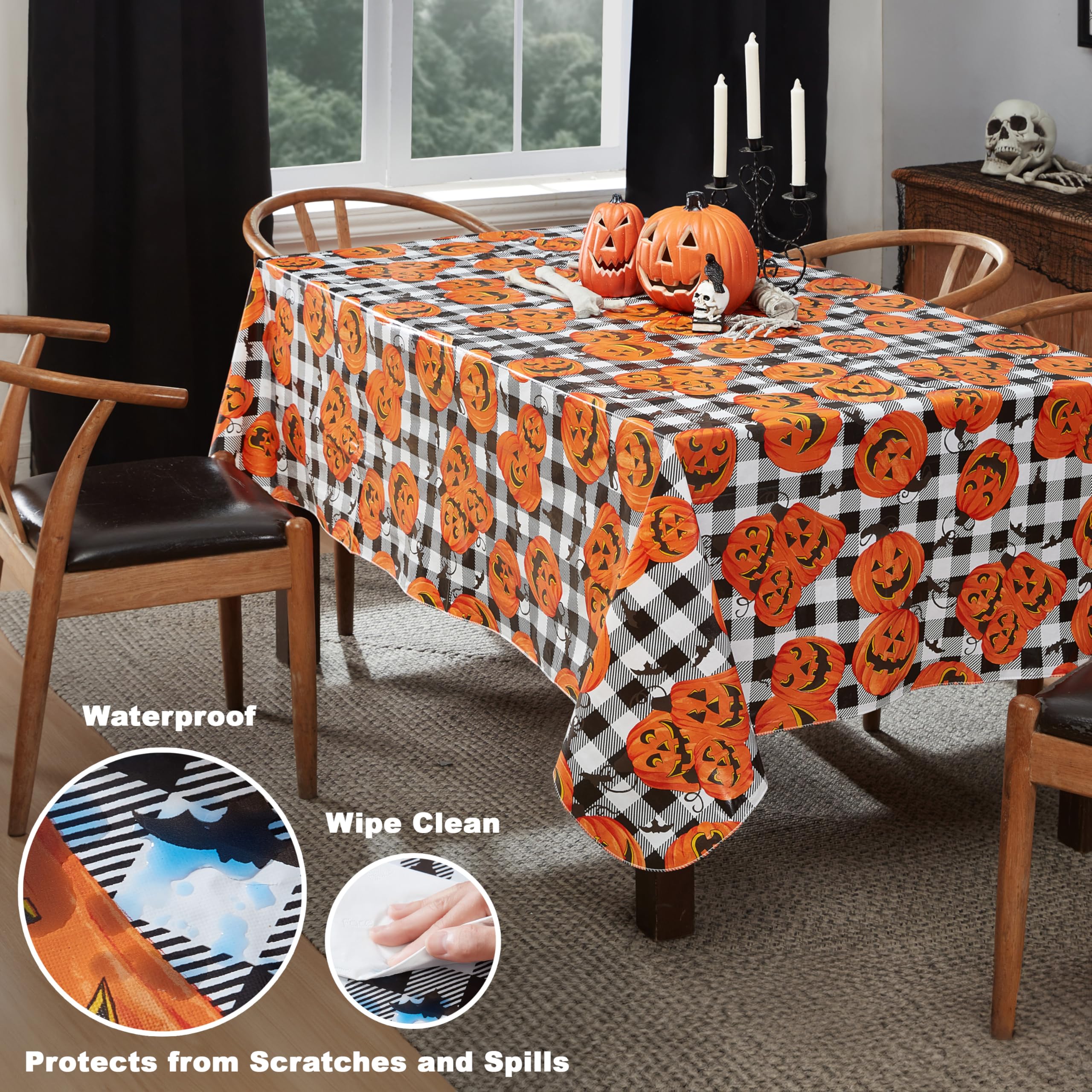 Newbridge Halloween Jack O’ Lantern Pumpkin Farm 52 x 70 Inch Rectangle Vinyl Tablecloth with Flannel Backing, Black and White Check Pumpkin Design, Easy Care Wipe Clean Table Cover - Image 3