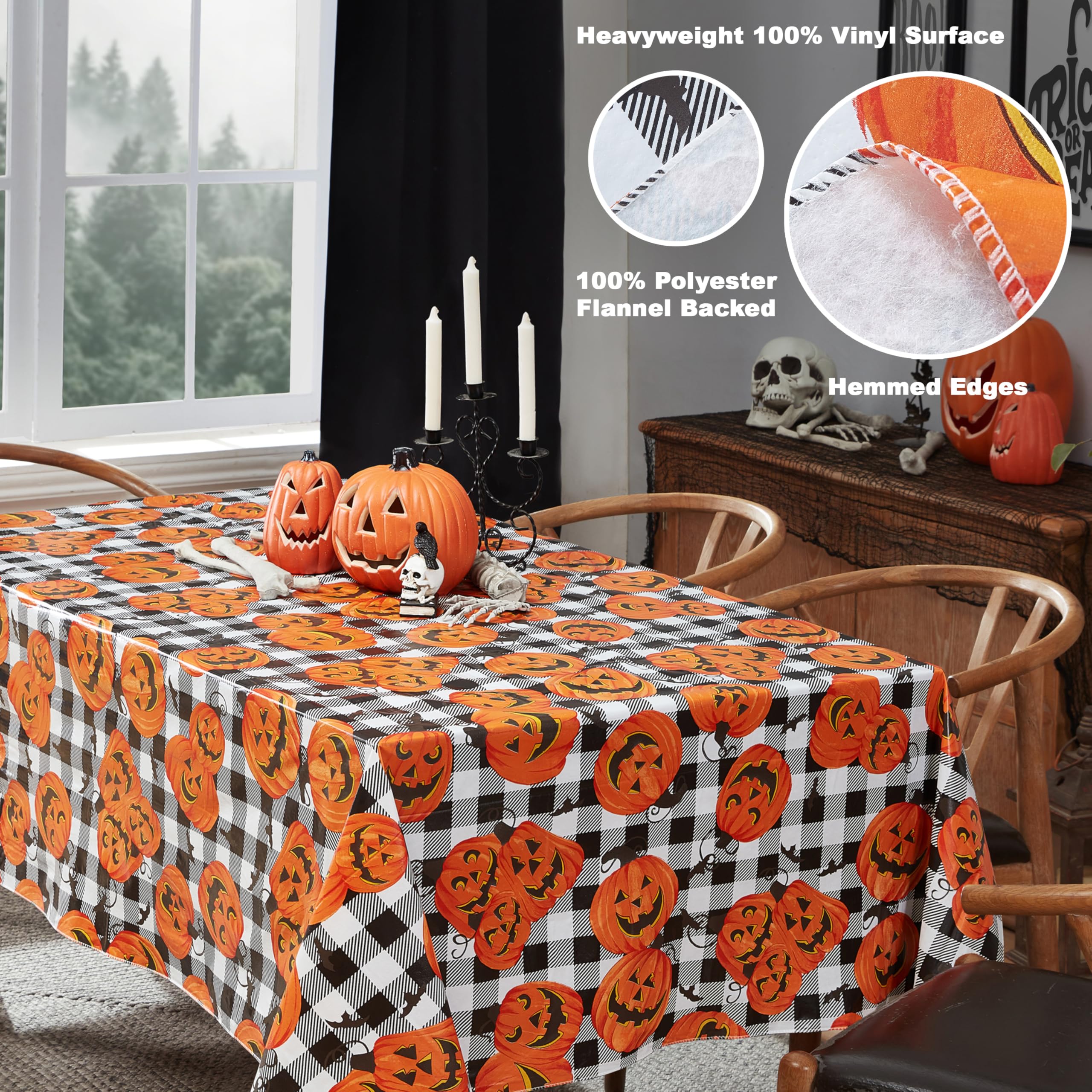 Newbridge Halloween Jack O’ Lantern Pumpkin Farm 52 x 70 Inch Rectangle Vinyl Tablecloth with Flannel Backing, Black and White Check Pumpkin Design, Easy Care Wipe Clean Table Cover - Image 4