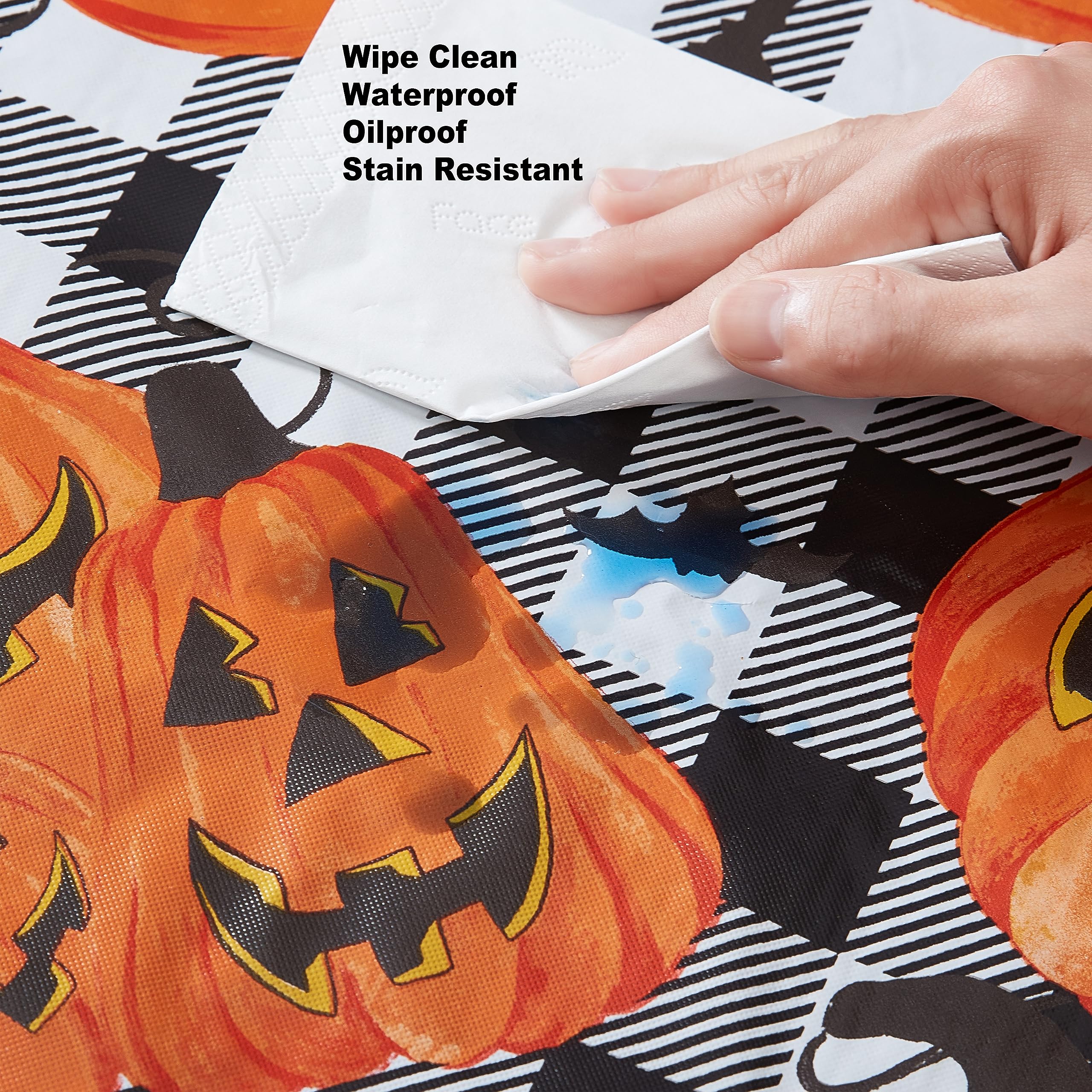 Newbridge Halloween Jack O’ Lantern Pumpkin Farm 52 x 70 Inch Rectangle Vinyl Tablecloth with Flannel Backing, Black and White Check Pumpkin Design, Easy Care Wipe Clean Table Cover - Image 7