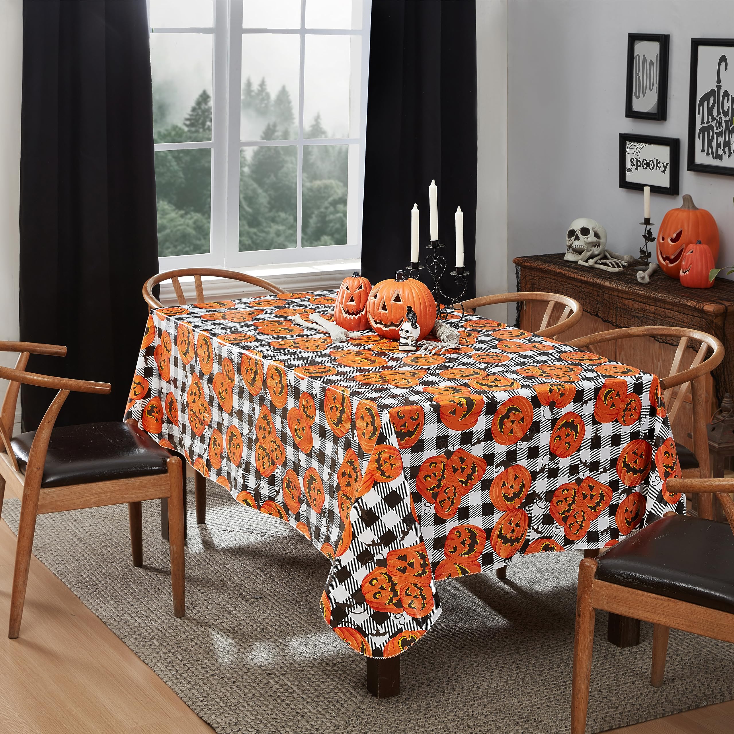Newbridge Halloween Jack O’ Lantern Pumpkin Farm 52 x 70 Inch Rectangle Vinyl Tablecloth with Flannel Backing, Black and White Check Pumpkin Design, Easy Care Wipe Clean Table Cover - Image 8