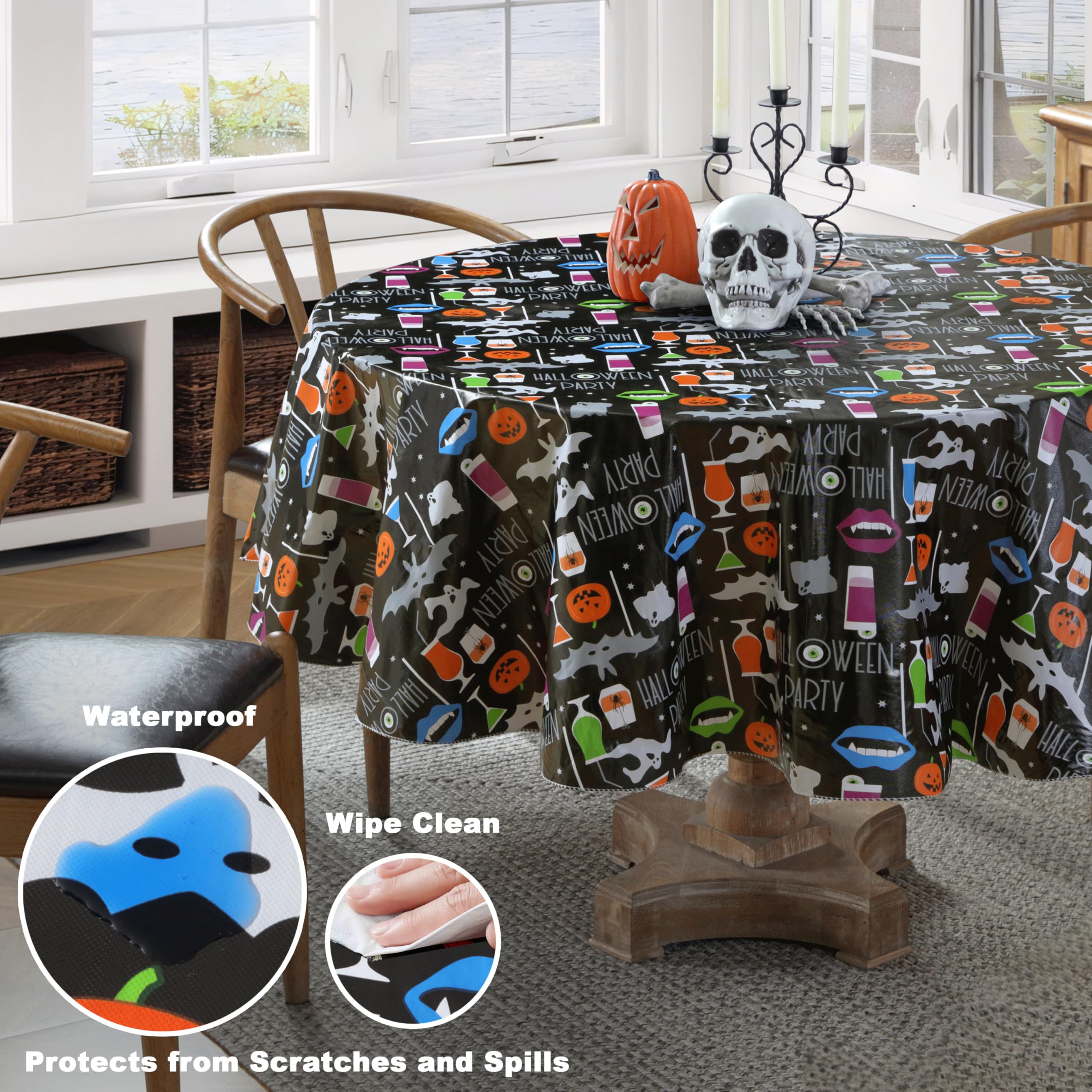Newbridge Halloween Party Ghosts and Bats 70 Inch Round Vinyl Tablecloth with Flannel Backing, Spooky Black Ghost and Bat Print, Easy Care Wipe Clean Table Cover - Image 3
