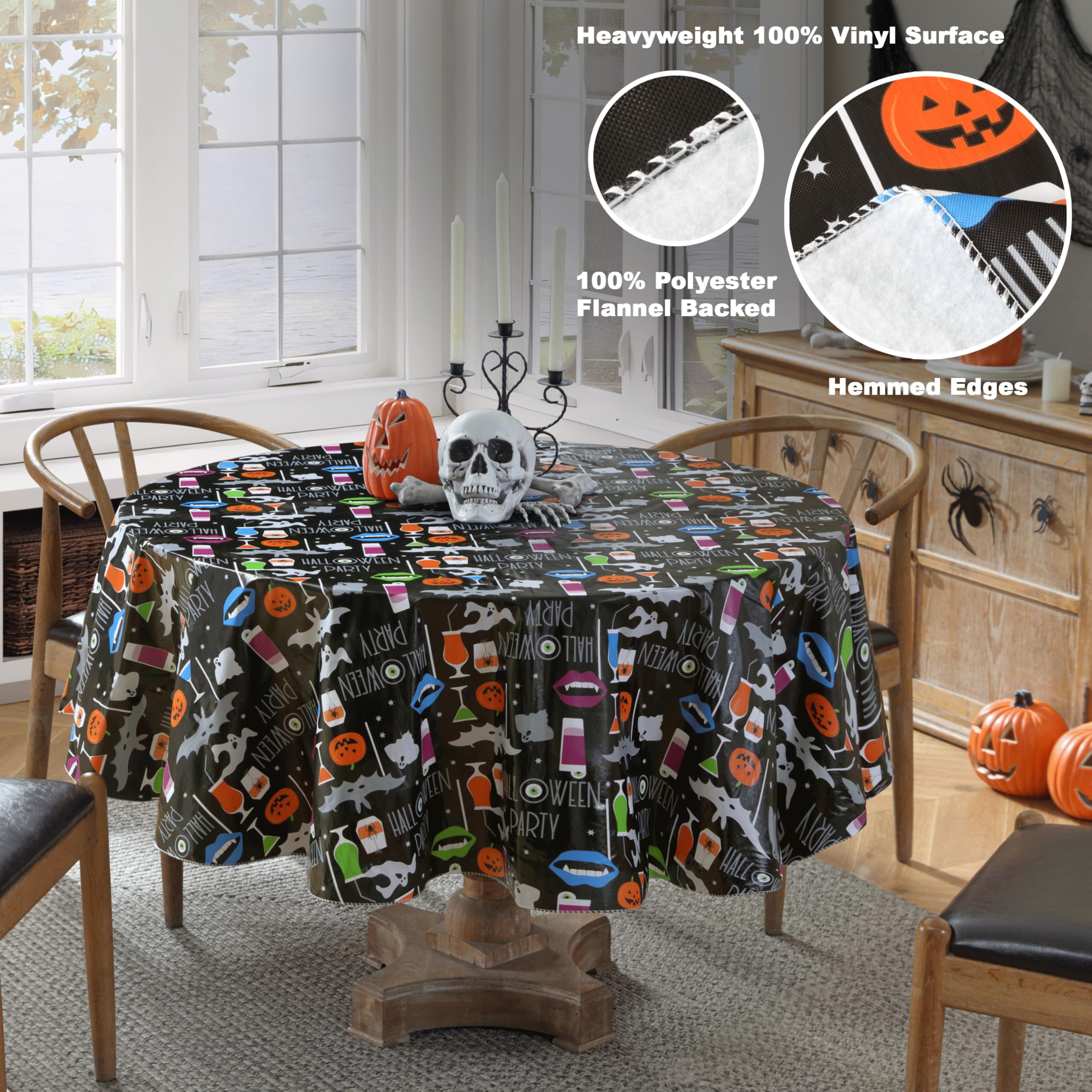 Newbridge Halloween Party Ghosts and Bats 70 Inch Round Vinyl Tablecloth with Flannel Backing, Spooky Black Ghost and Bat Print, Easy Care Wipe Clean Table Cover - Image 4