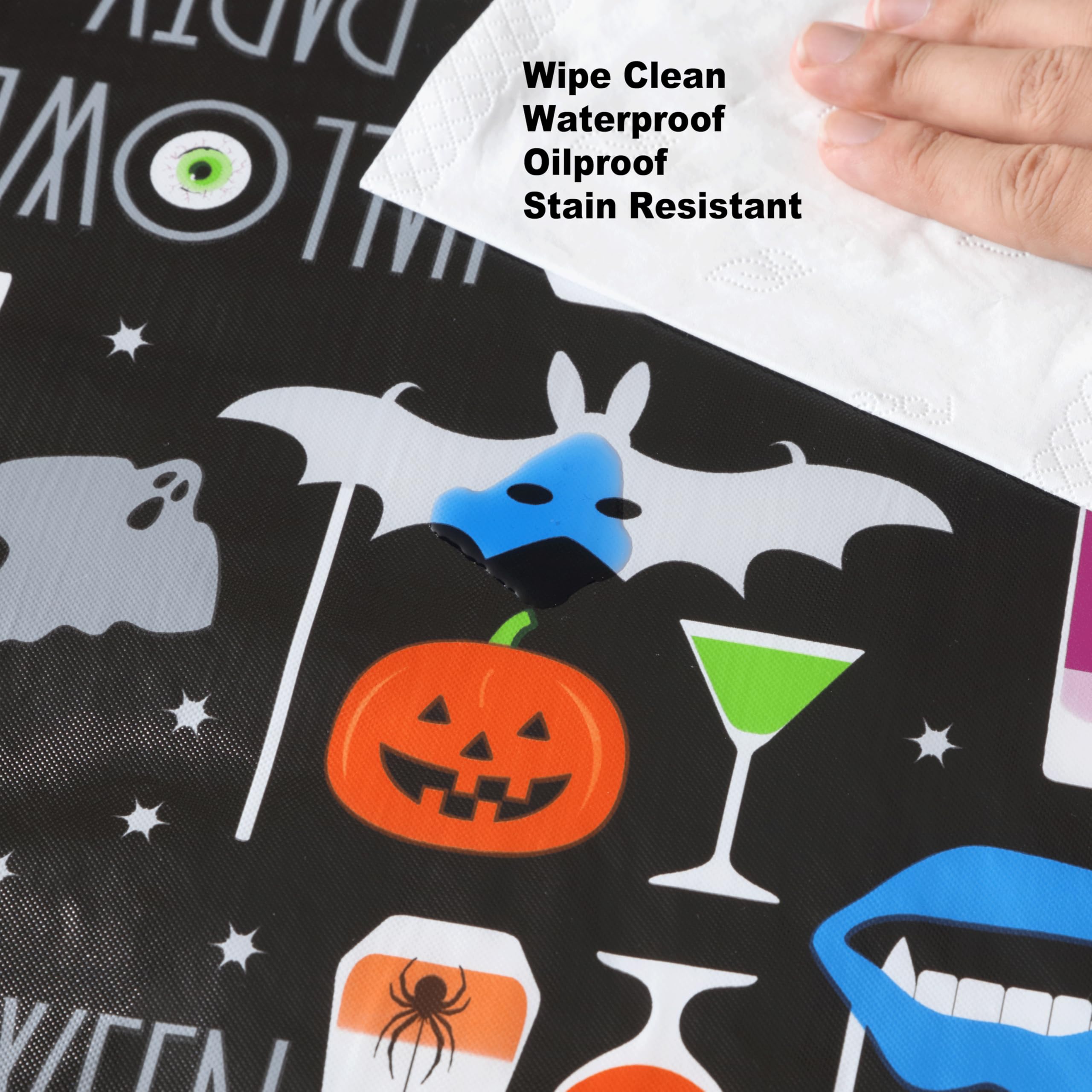 Newbridge Halloween Party Ghosts and Bats 70 Inch Round Vinyl Tablecloth with Flannel Backing, Spooky Black Ghost and Bat Print, Easy Care Wipe Clean Table Cover - Image 6