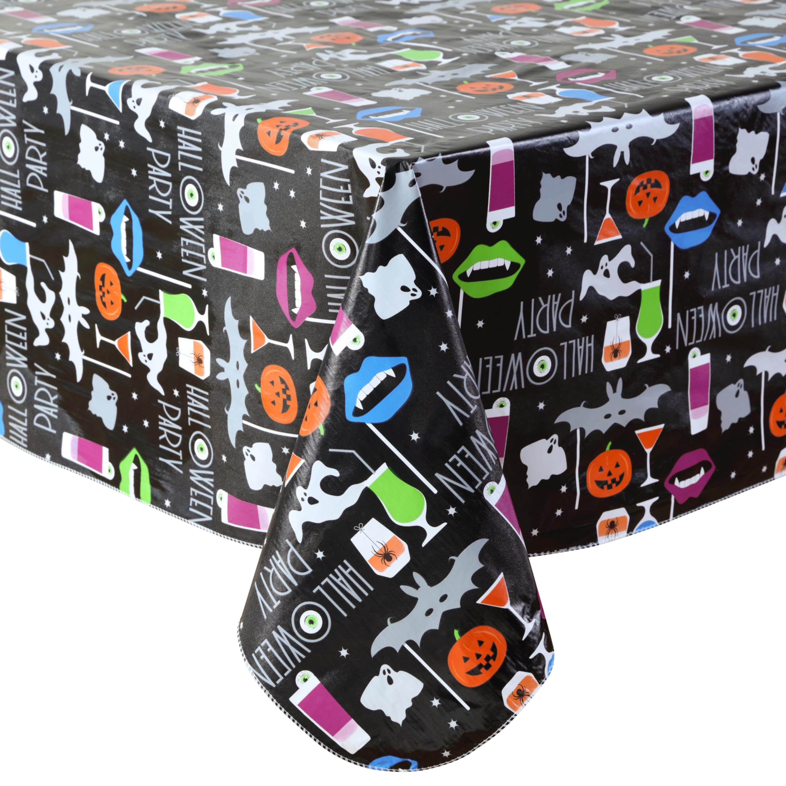 Newbridge Halloween Party Ghosts and Bats 70 Inch Round Vinyl Tablecloth with Flannel Backing, Spooky Black Ghost and Bat Print, Easy Care Wipe Clean Table Cover - Image 9