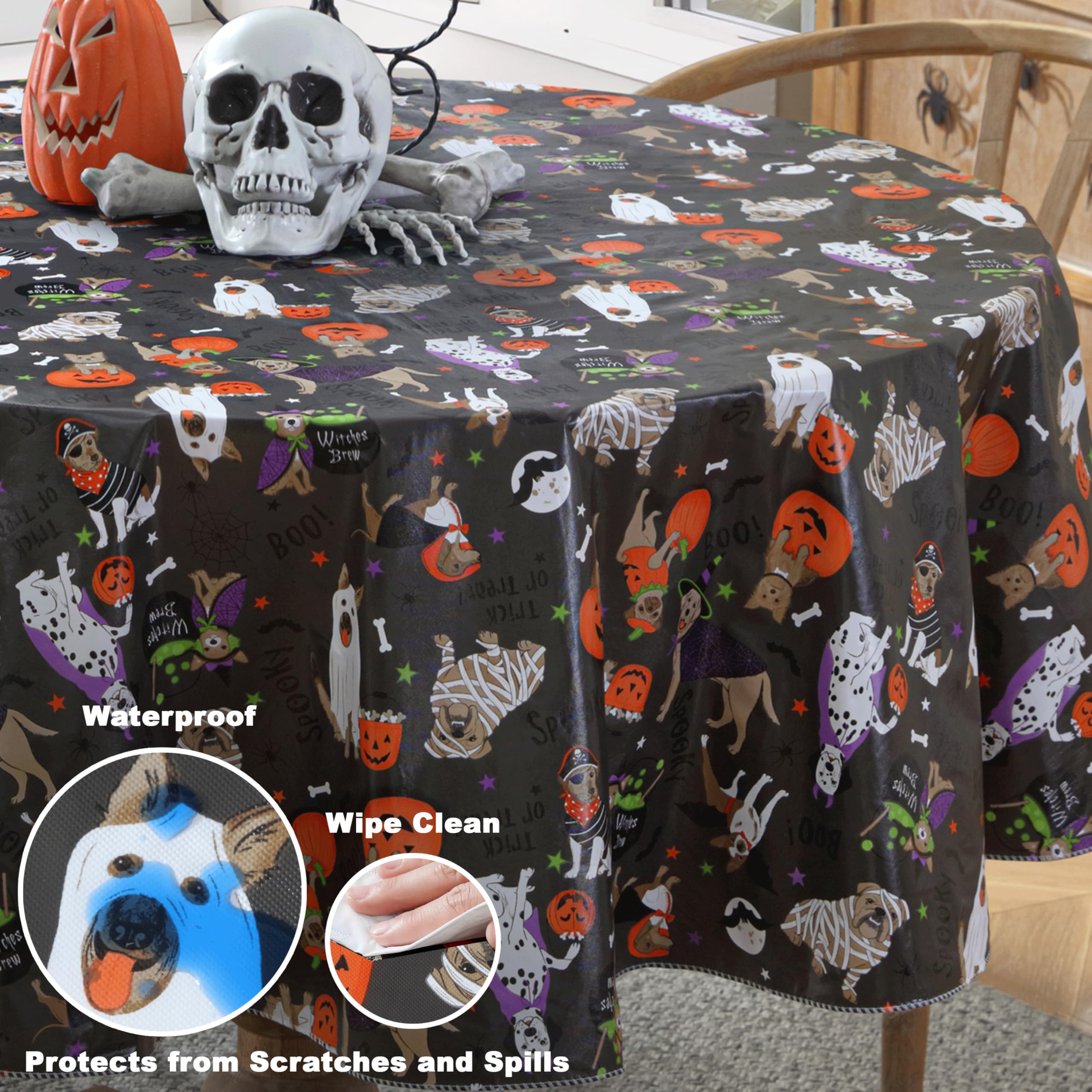 Newbridge Halloween Pets Trick or Treat 70 Inch Round Vinyl Tablecloth with Flannel Backing, Cute Dogs and Cats in Costumes Easy Care Wipe Clean Halloween Table Cover - Image 3