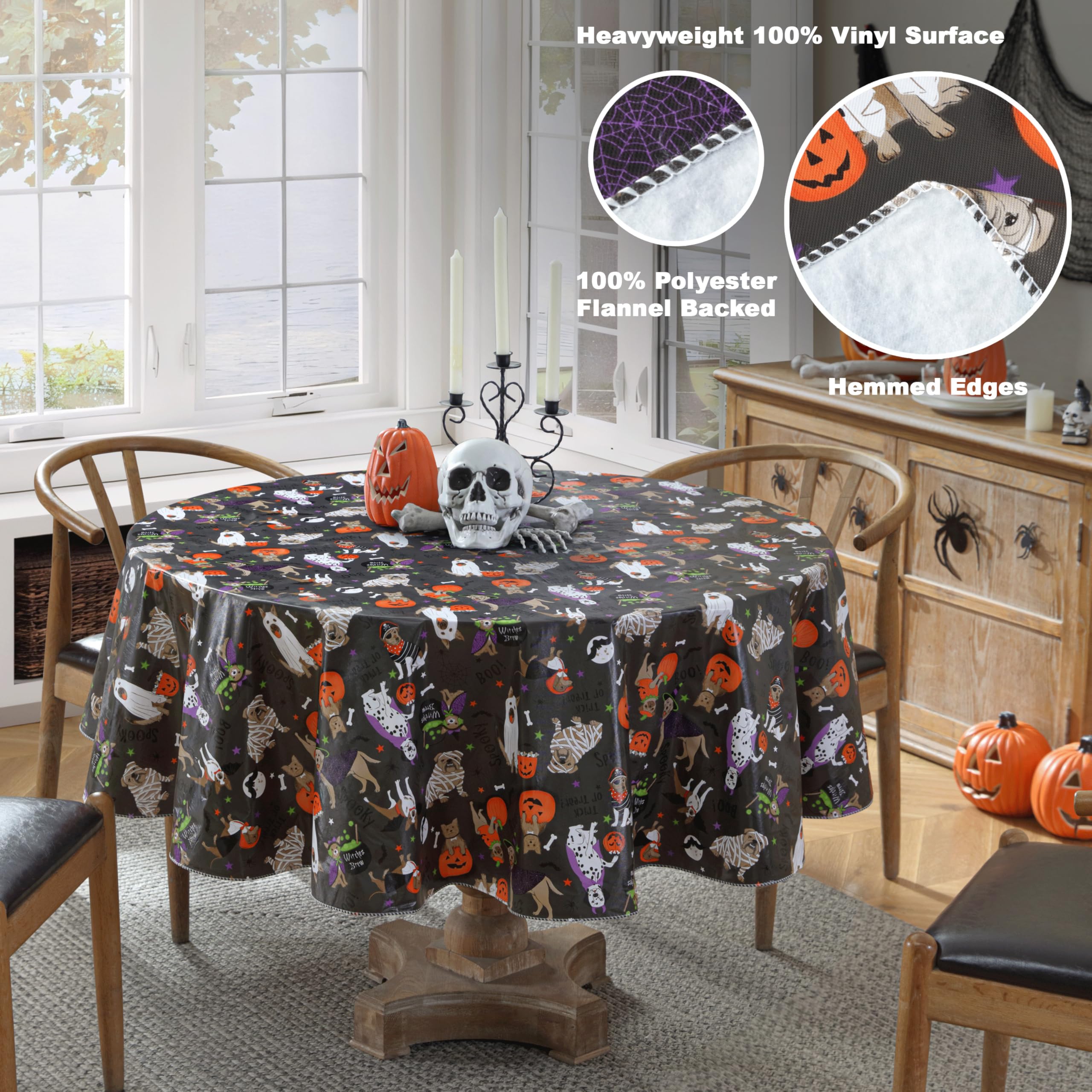 Newbridge Halloween Pets Trick or Treat 70 Inch Round Vinyl Tablecloth with Flannel Backing, Cute Dogs and Cats in Costumes Easy Care Wipe Clean Halloween Table Cover - Image 4