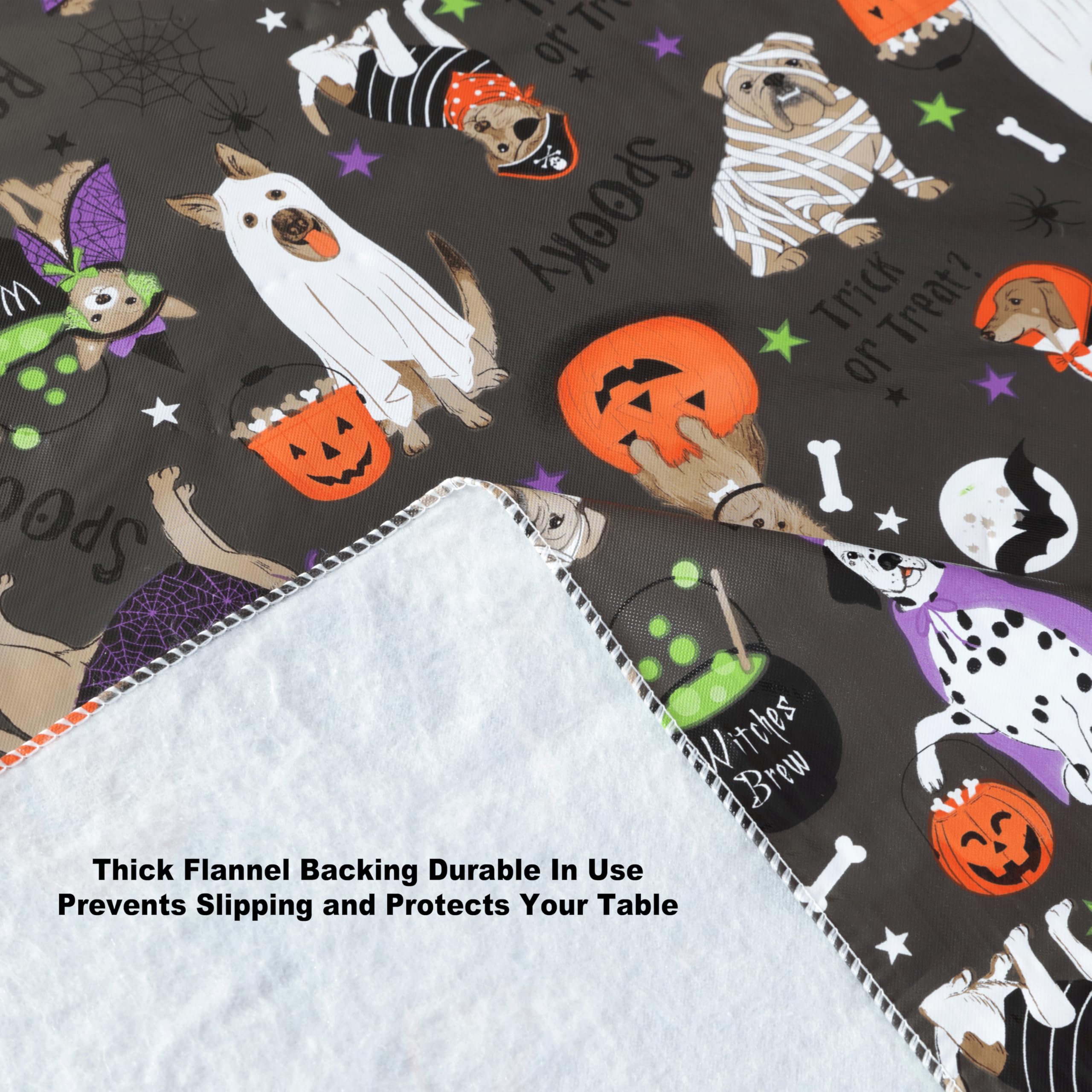 Newbridge Halloween Pets Trick or Treat 70 Inch Round Vinyl Tablecloth with Flannel Backing, Cute Dogs and Cats in Costumes Easy Care Wipe Clean Halloween Table Cover - Image 6