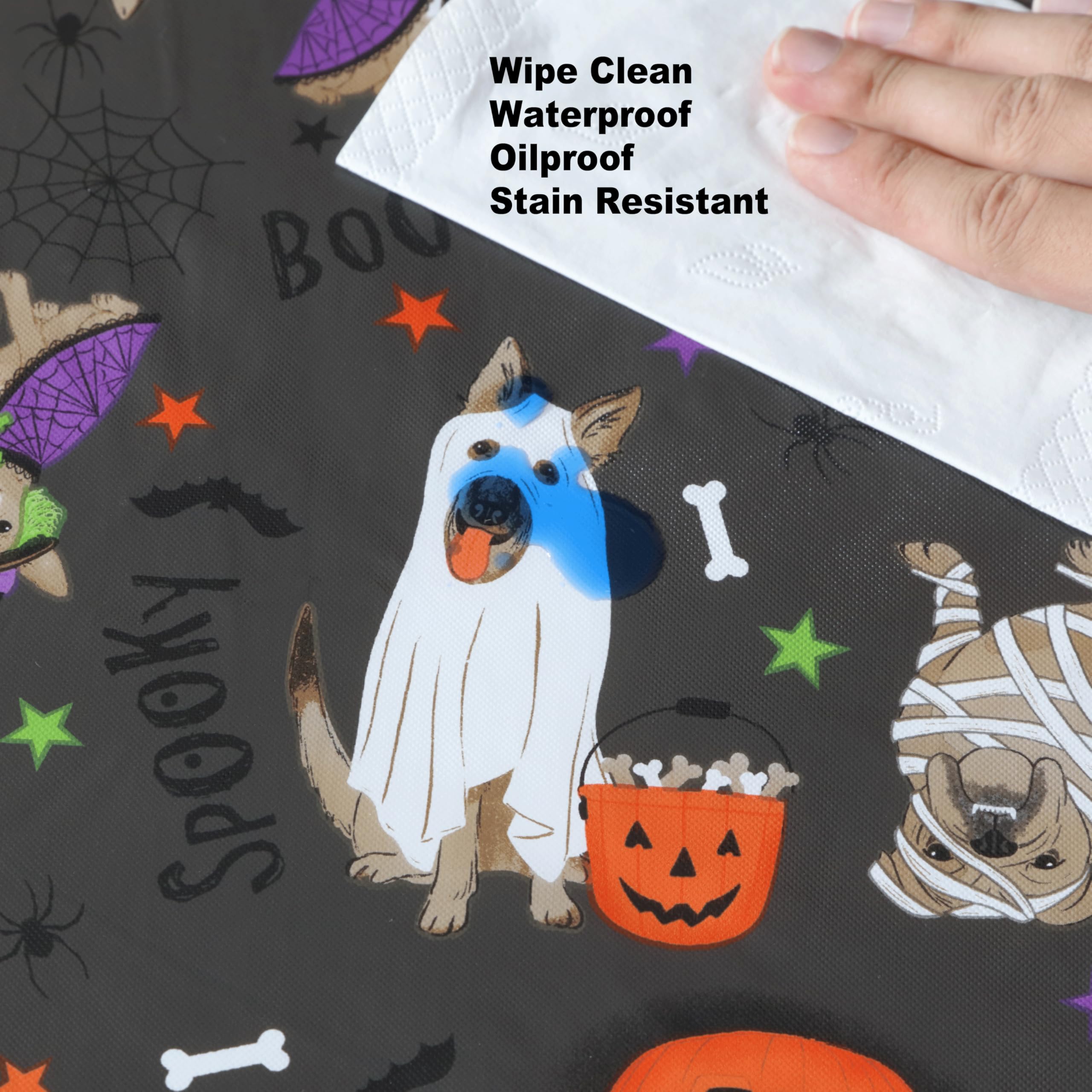 Newbridge Halloween Pets Trick or Treat 70 Inch Round Vinyl Tablecloth with Flannel Backing, Cute Dogs and Cats in Costumes Easy Care Wipe Clean Halloween Table Cover - Image 7