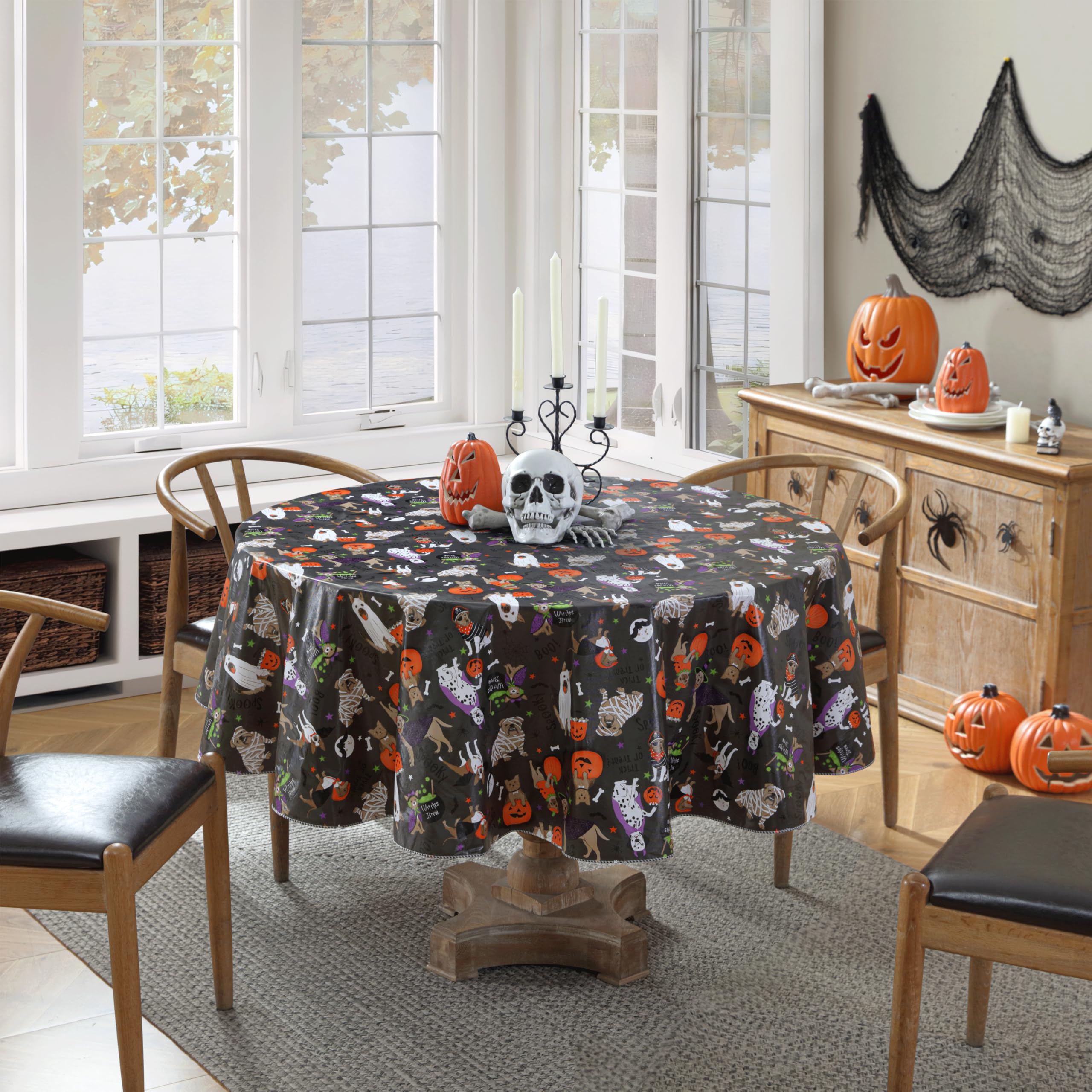 Newbridge Halloween Pets Trick or Treat 70 Inch Round Vinyl Tablecloth with Flannel Backing, Cute Dogs and Cats in Costumes Easy Care Wipe Clean Halloween Table Cover - Image 8