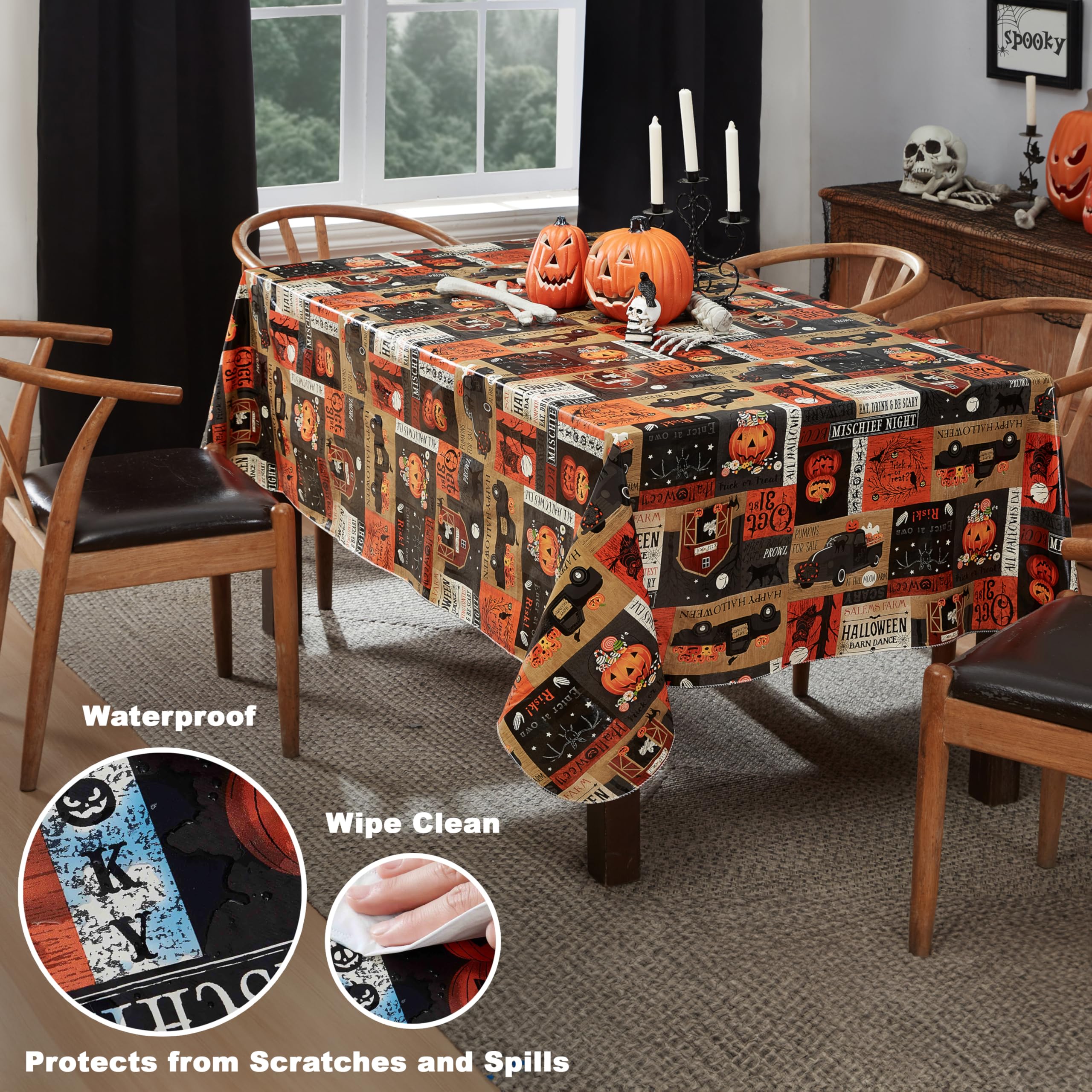 Newbridge Halloween Rustic Spooky Farm 52 x 70 Inch Rectangle Vinyl Tablecloth with Flannel Backing, Vintage Halloween Truck and Pumpkin Design, Easy Care Wipe Clean Table Cover - Image 3
