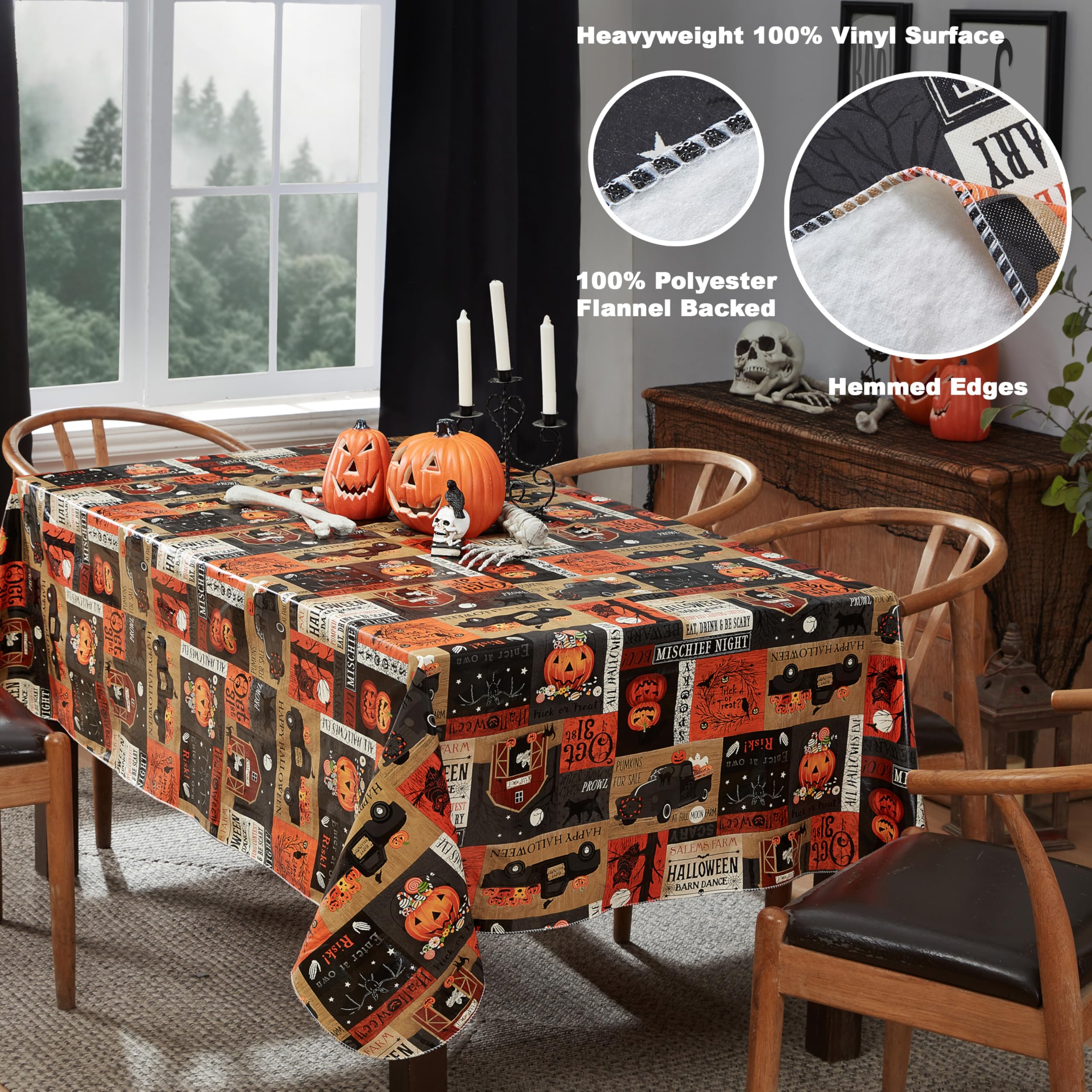 Newbridge Halloween Rustic Spooky Farm 52 x 70 Inch Rectangle Vinyl Tablecloth with Flannel Backing, Vintage Halloween Truck and Pumpkin Design, Easy Care Wipe Clean Table Cover - Image 4