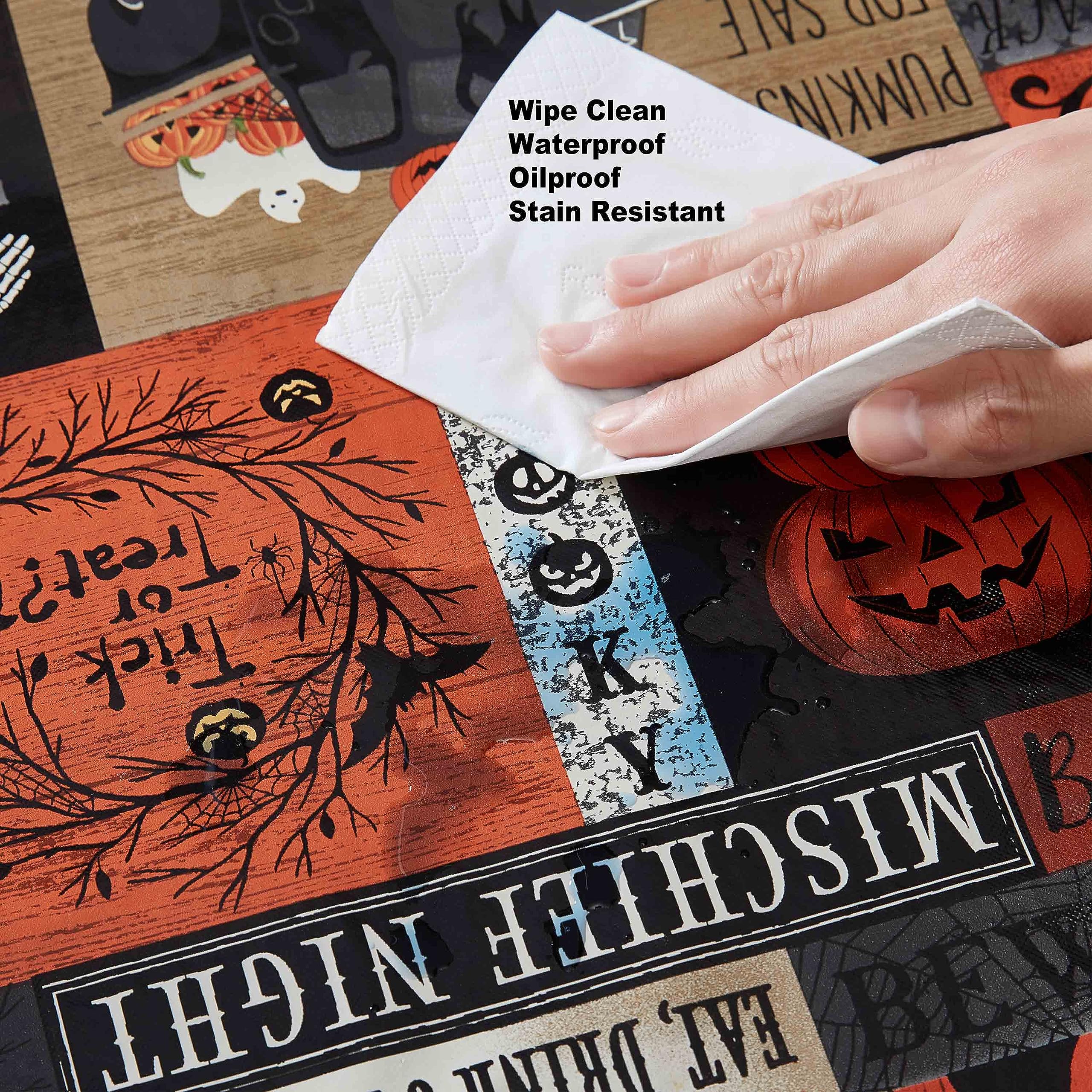 Newbridge Halloween Rustic Spooky Farm 52 x 70 Inch Rectangle Vinyl Tablecloth with Flannel Backing, Vintage Halloween Truck and Pumpkin Design, Easy Care Wipe Clean Table Cover - Image 5