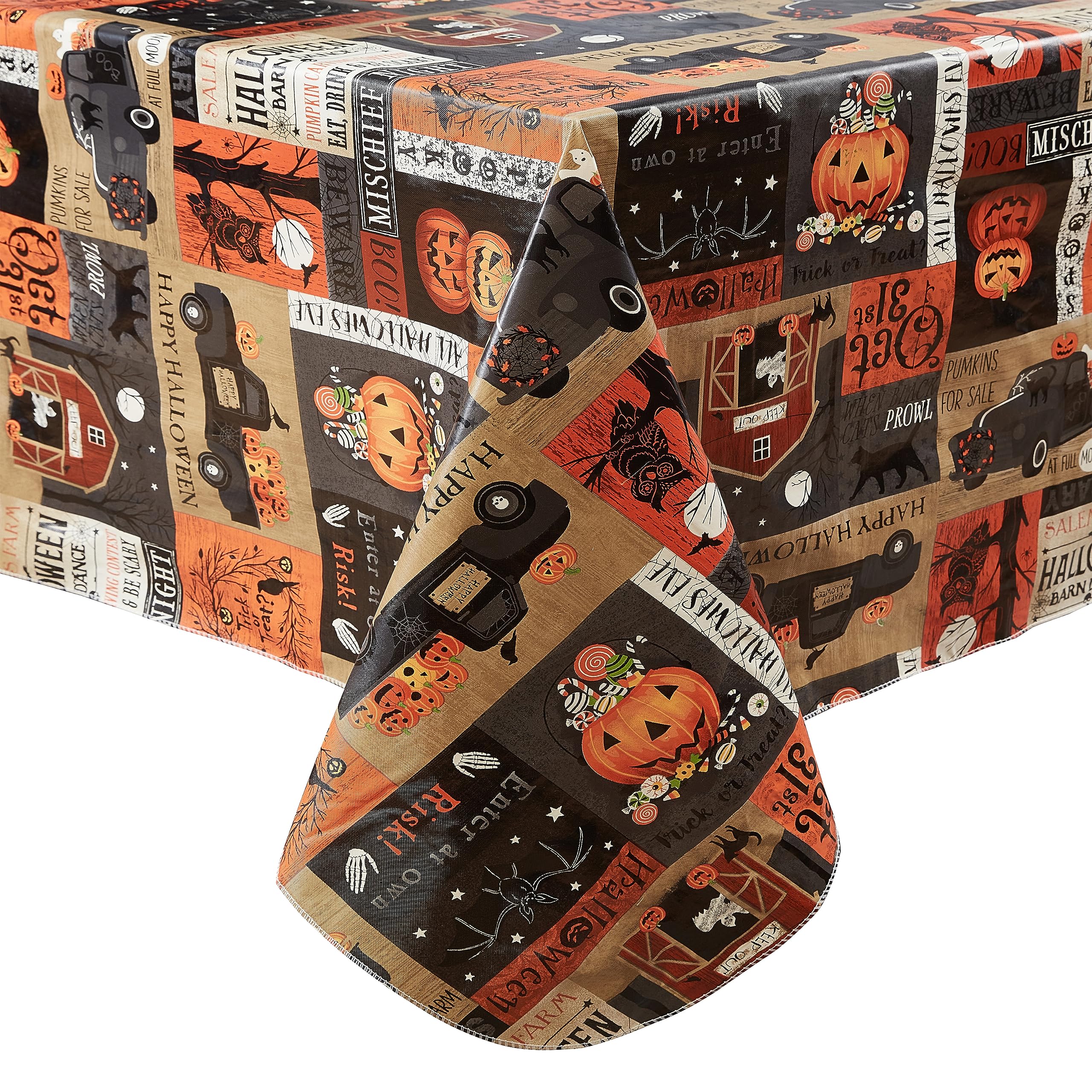 Newbridge Halloween Rustic Spooky Farm 52 x 70 Inch Rectangle Vinyl Tablecloth with Flannel Backing, Vintage Halloween Truck and Pumpkin Design, Easy Care Wipe Clean Table Cover - Image 8