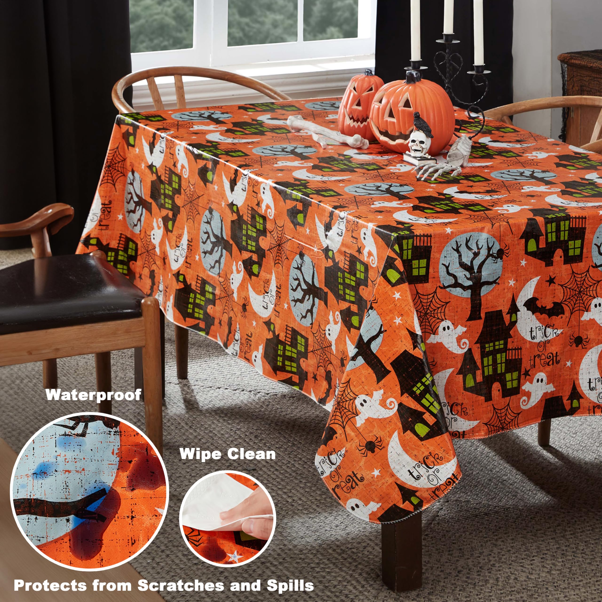 Newbridge Halloween Scream 52 x 70 Inch Rectangle Vinyl Tablecloth with Flannel Backing, Haunted House Ghost and Bat Design, Easy Care Wipe Clean Halloween Table Cover - Image 3