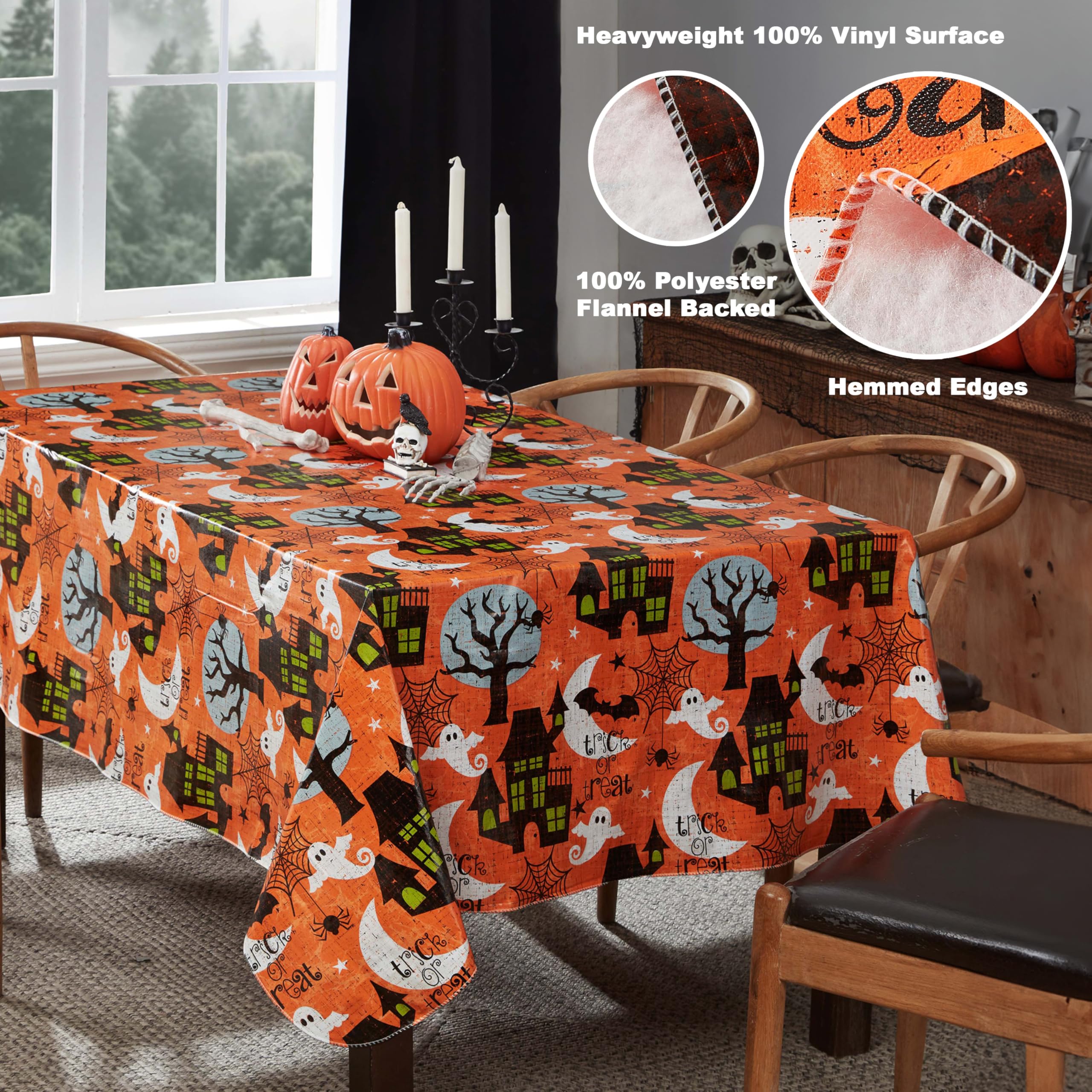 Newbridge Halloween Scream 52 x 70 Inch Rectangle Vinyl Tablecloth with Flannel Backing, Haunted House Ghost and Bat Design, Easy Care Wipe Clean Halloween Table Cover - Image 4