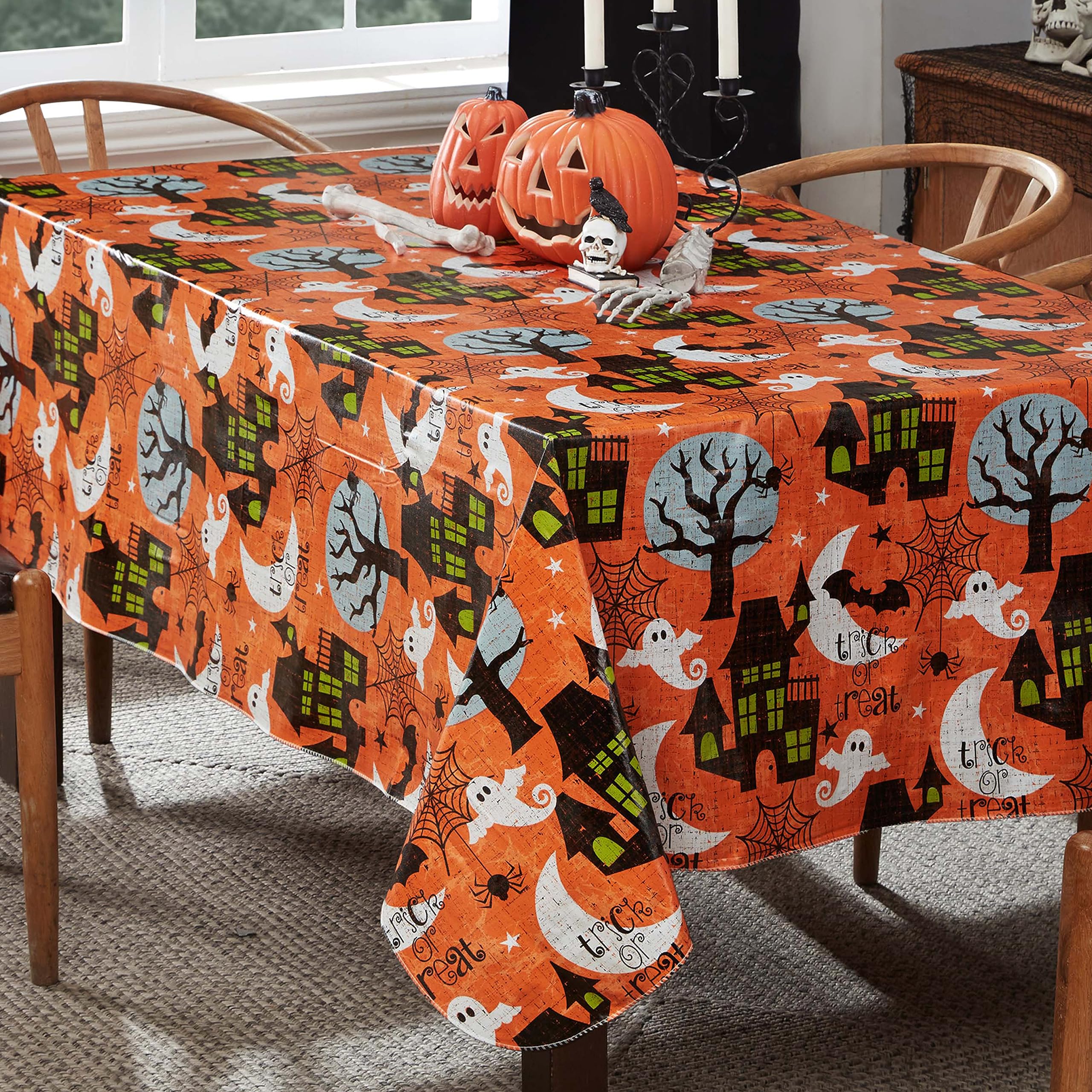 Newbridge Halloween Scream 52 x 70 Inch Rectangle Vinyl Tablecloth with Flannel Backing, Haunted House Ghost and Bat Design, Easy Care Wipe Clean Halloween Table Cover - Image 8