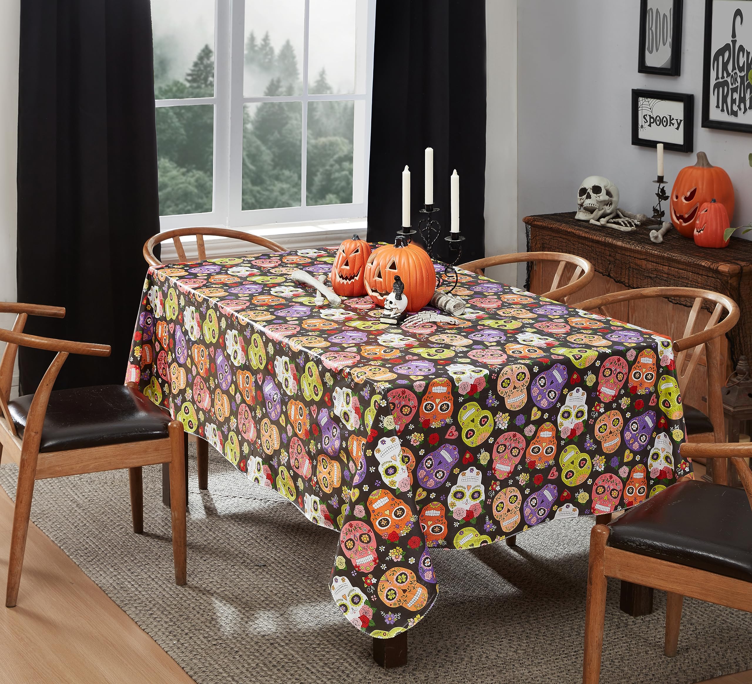 Newbridge Halloween Vinyl Tablecloth with Flannel Backing, 60 x 84 Inch Rectangle, Waterproof Wipe Clean Indoor Outdoor Table Cover, Sugar Skull Print - Image 3