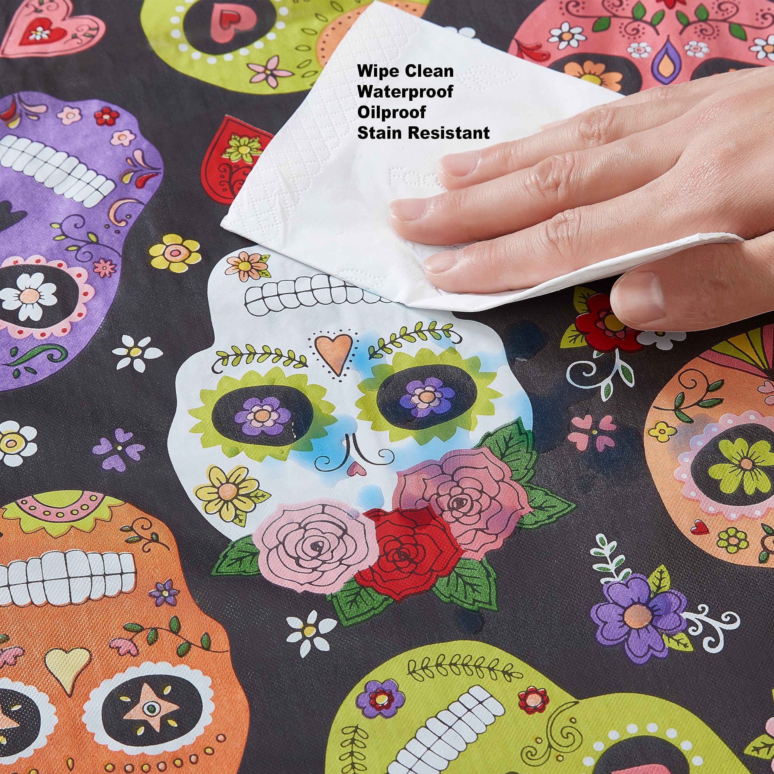 Newbridge Halloween Vinyl Tablecloth with Flannel Backing, 60 x 84 Inch Rectangle, Waterproof Wipe Clean Indoor Outdoor Table Cover, Sugar Skull Print - Image 5