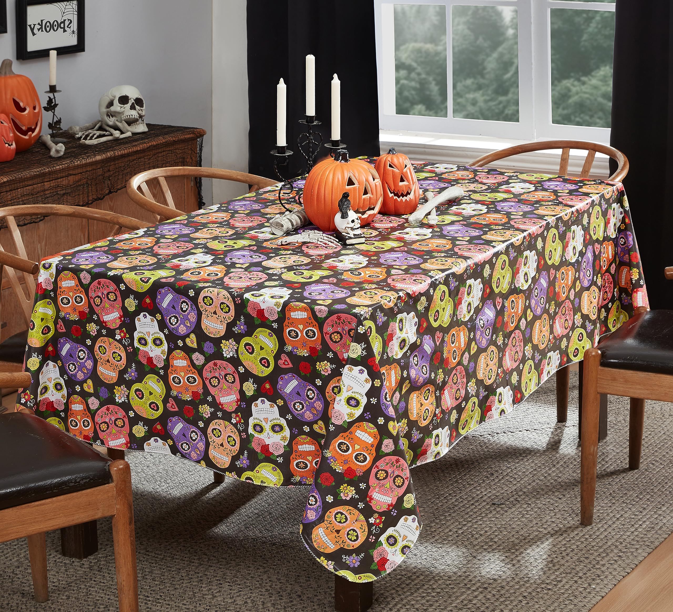 Newbridge Halloween Vinyl Tablecloth with Flannel Backing, 60 x 84 Inch Rectangle, Waterproof Wipe Clean Indoor Outdoor Table Cover, Sugar Skull Print - Image 6