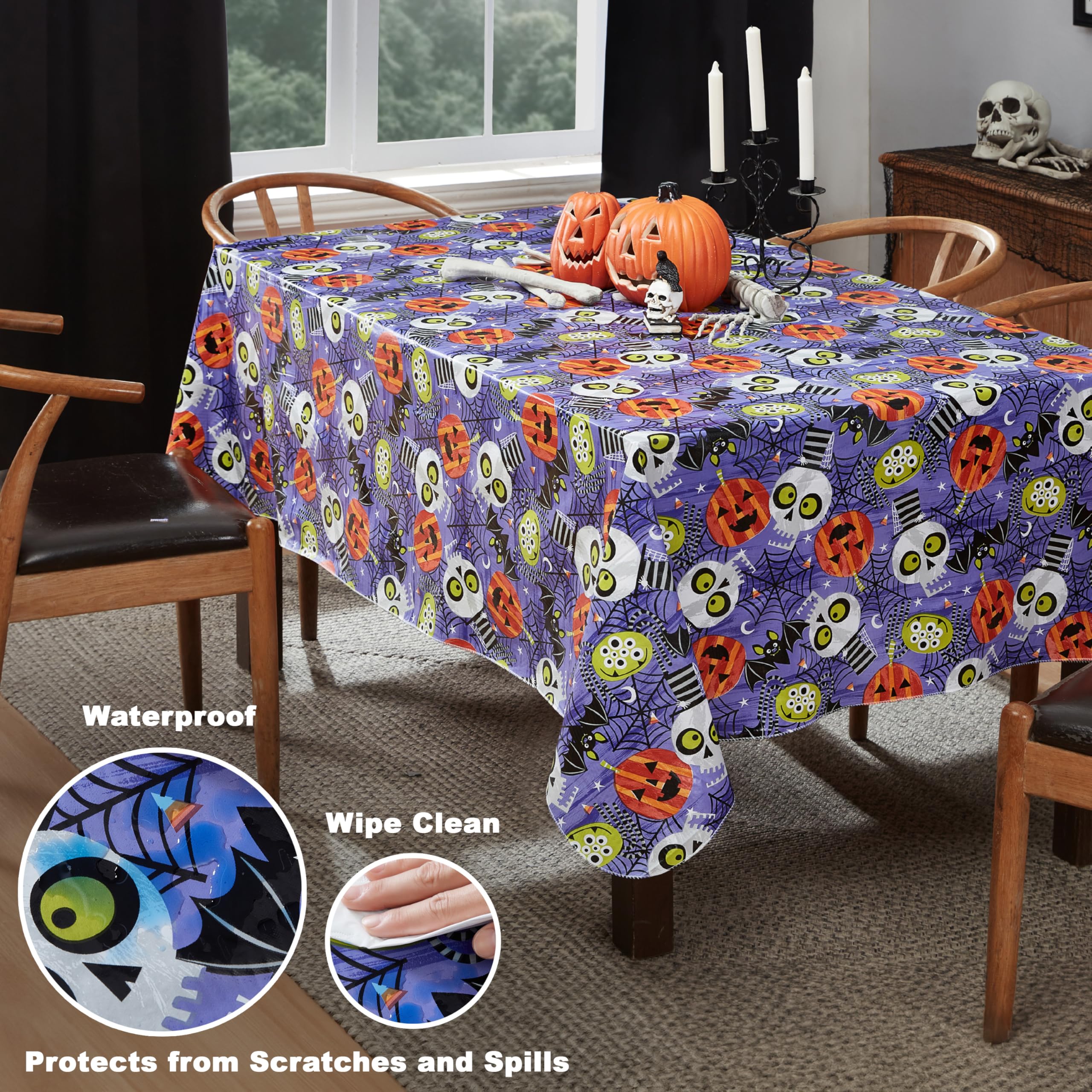 Newbridge Halloween Whimsical Ghoulish Gang 52 x 70 Inch Rectangle Vinyl Tablecloth with Flannel Backing, Fun Skulls and Pumpkin Design, Easy Care Wipe Clean Halloween Table Cover - Image 3