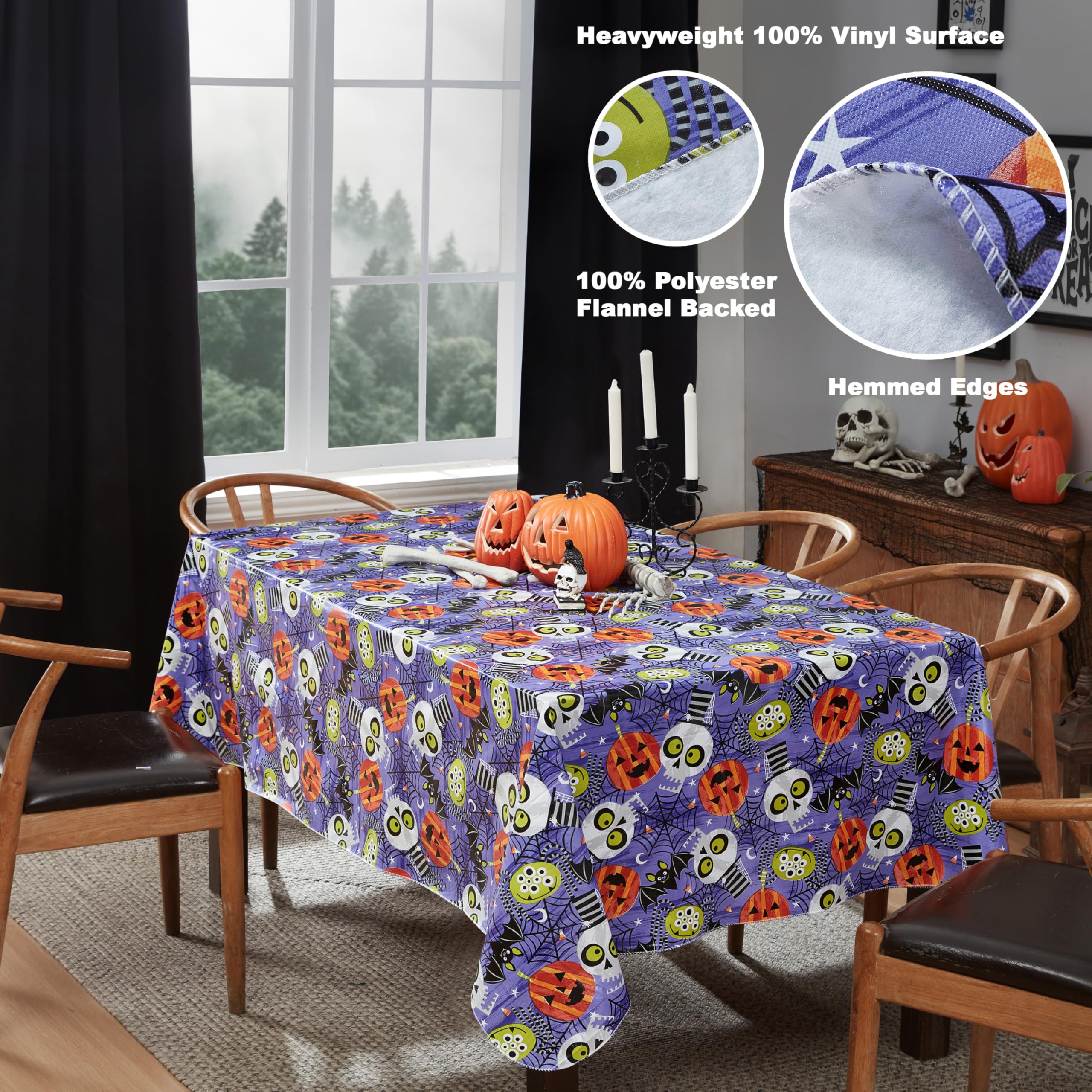 Newbridge Halloween Whimsical Ghoulish Gang 52 x 70 Inch Rectangle Vinyl Tablecloth with Flannel Backing, Fun Skulls and Pumpkin Design, Easy Care Wipe Clean Halloween Table Cover - Image 4